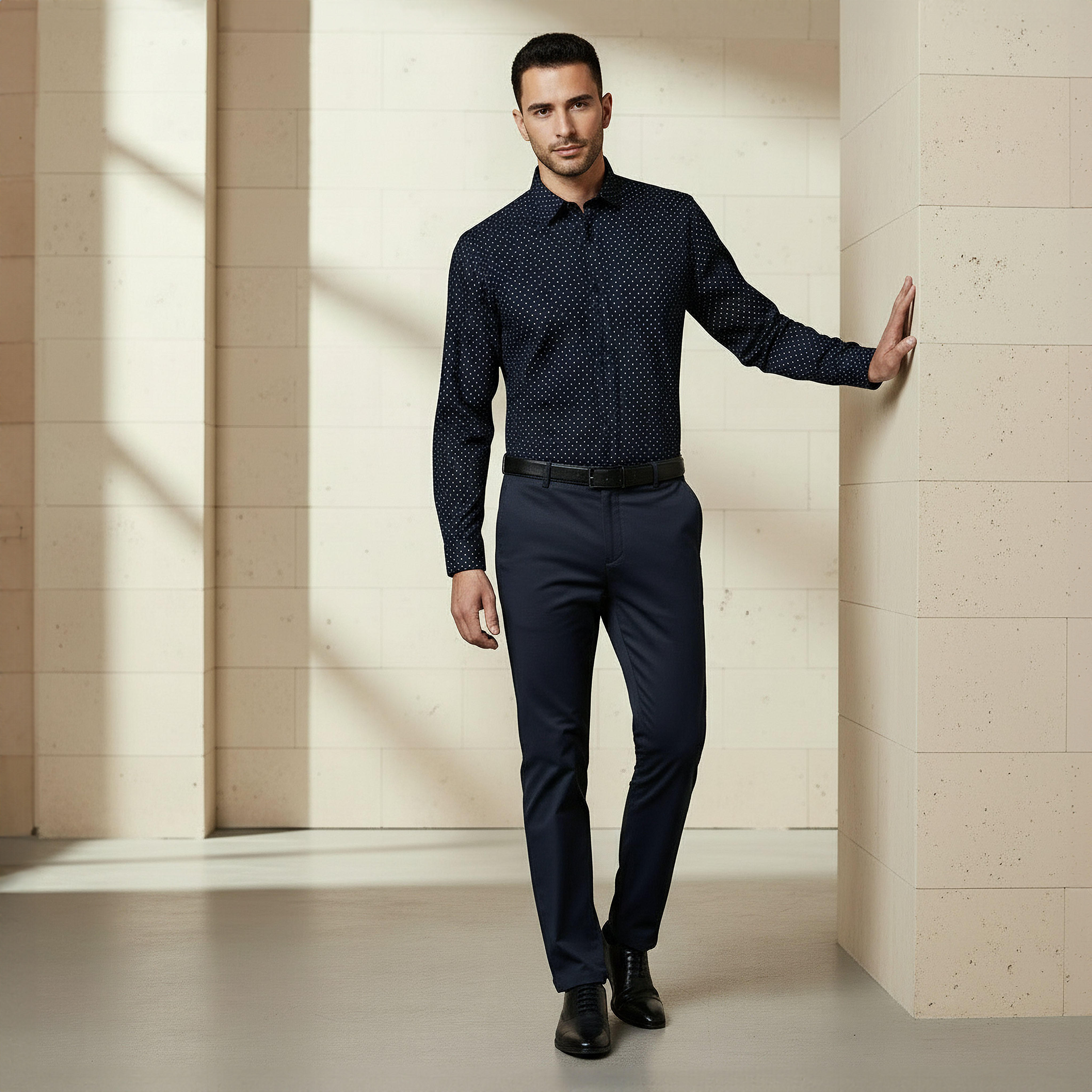 Men Slim Fit Collared Self Textured Printed Long Sleeves Shirt-men-clothing-shirts-image-4