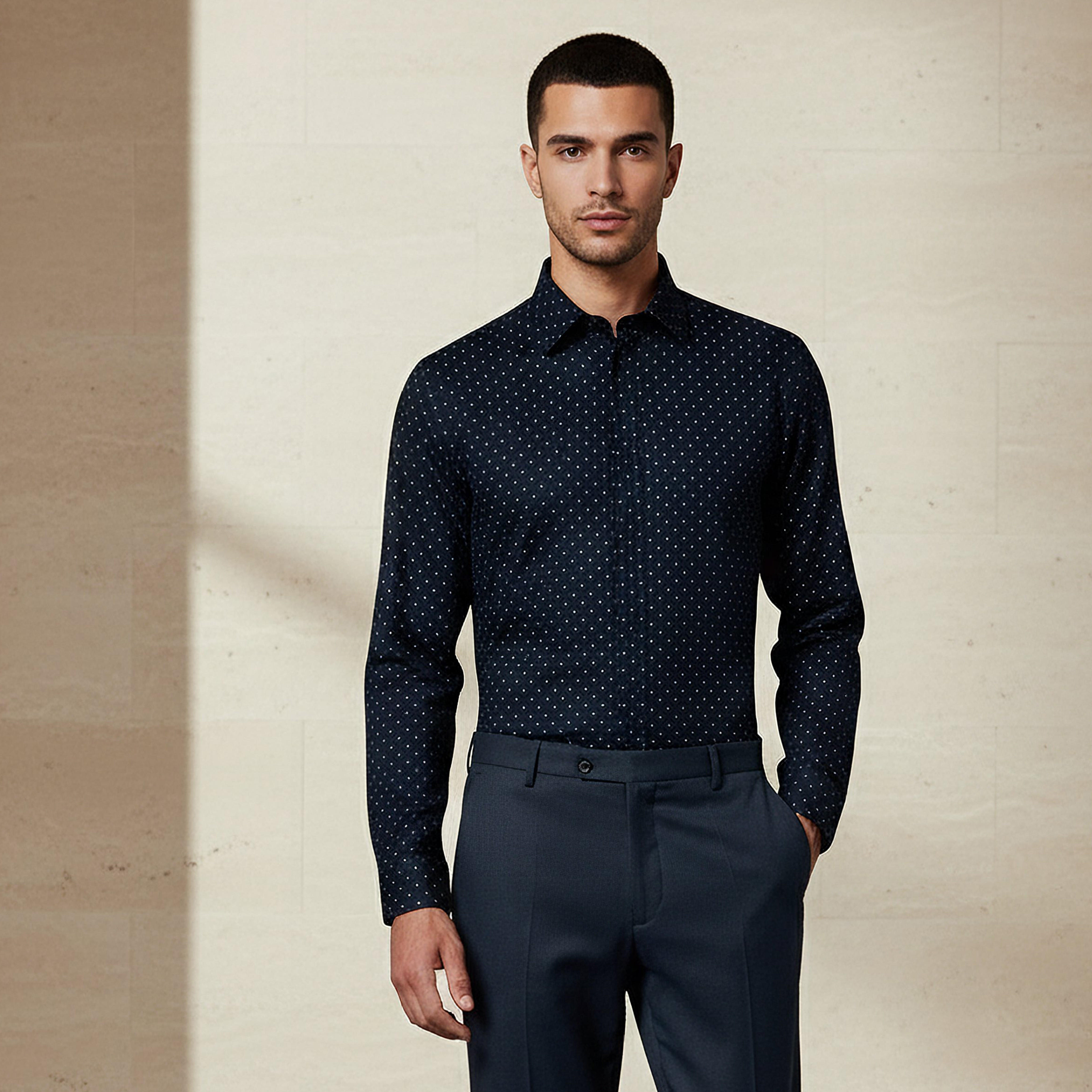 Men Slim Fit Collared Self Textured Printed Long Sleeves Shirt-men-clothing-shirts-image-1