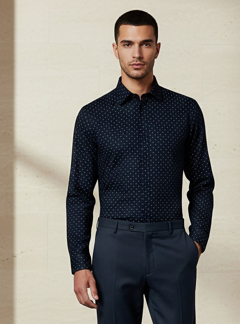 Men Slim Fit Collared Self Textured Printed Long Sleeves Shirt-men-clothing-shirts-image-1