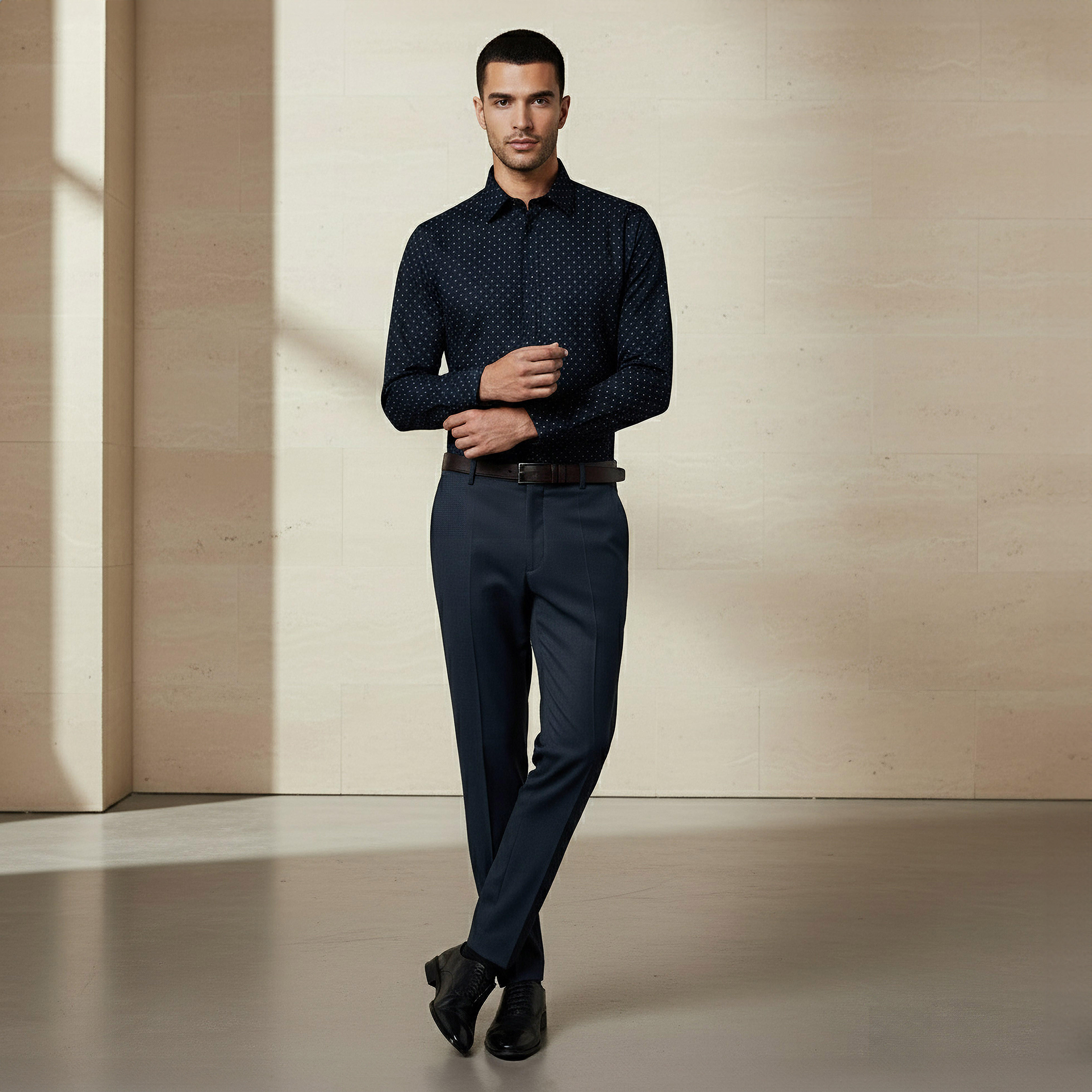Men Slim Fit Collared Self Textured Printed Long Sleeves Shirt-men-clothing-shirts-image-4