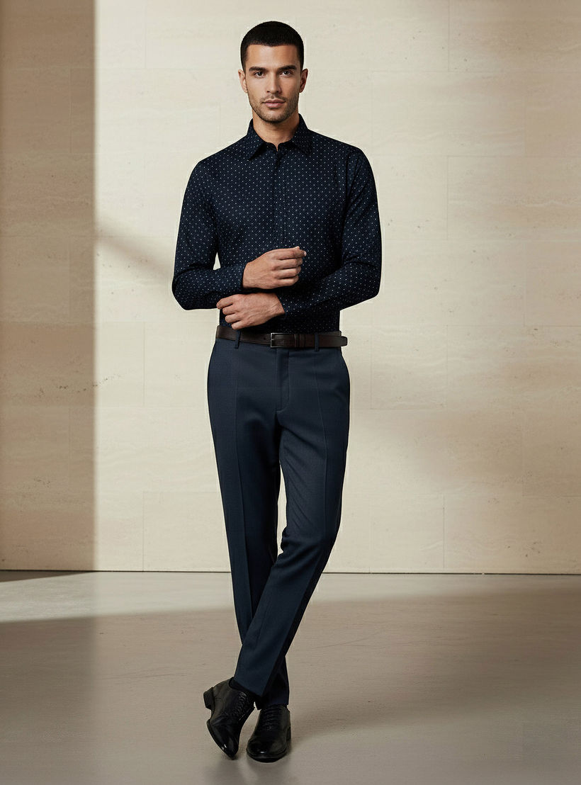 Men Slim Fit Collared Self Textured Printed Long Sleeves Shirt-men-clothing-shirts-image-4