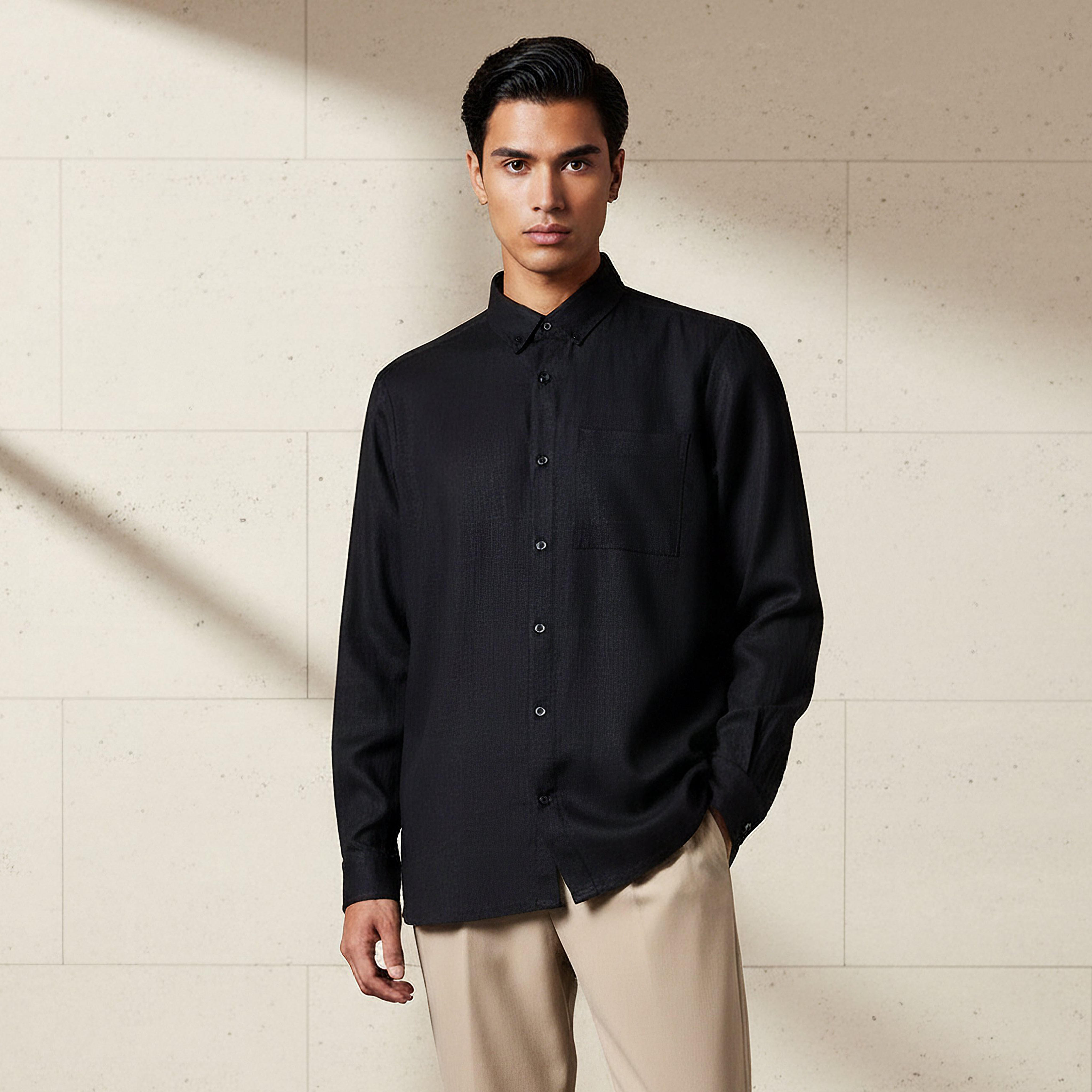 Men Regular Fit Collared Long Sleeves Linen Blend Shirt-men-clothing-shirts-image-1