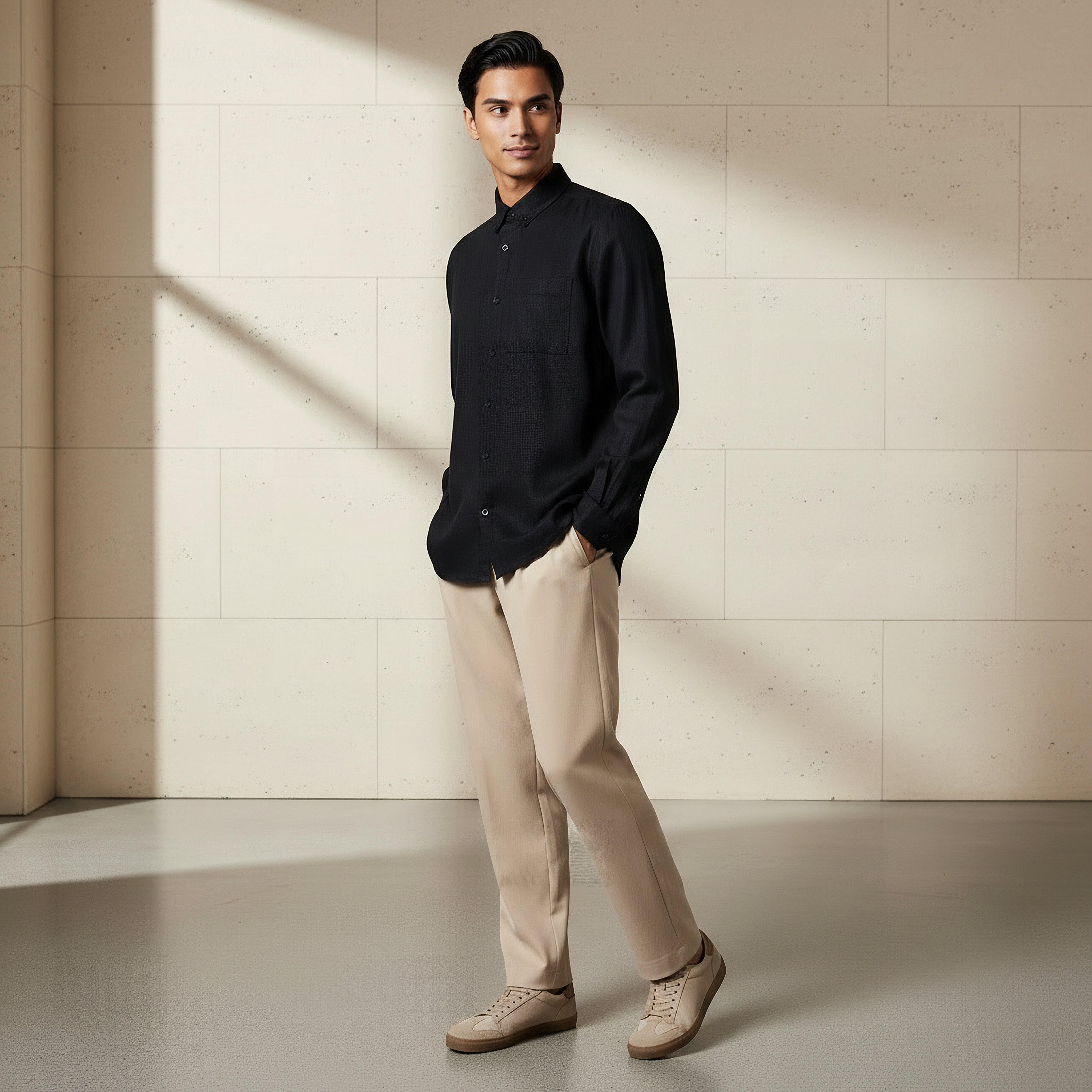 قميص من مزيج الكتان بقصة عادية وياقة عادية وأكمام طويلة للرجال-men-clothing-shirts-image-2
