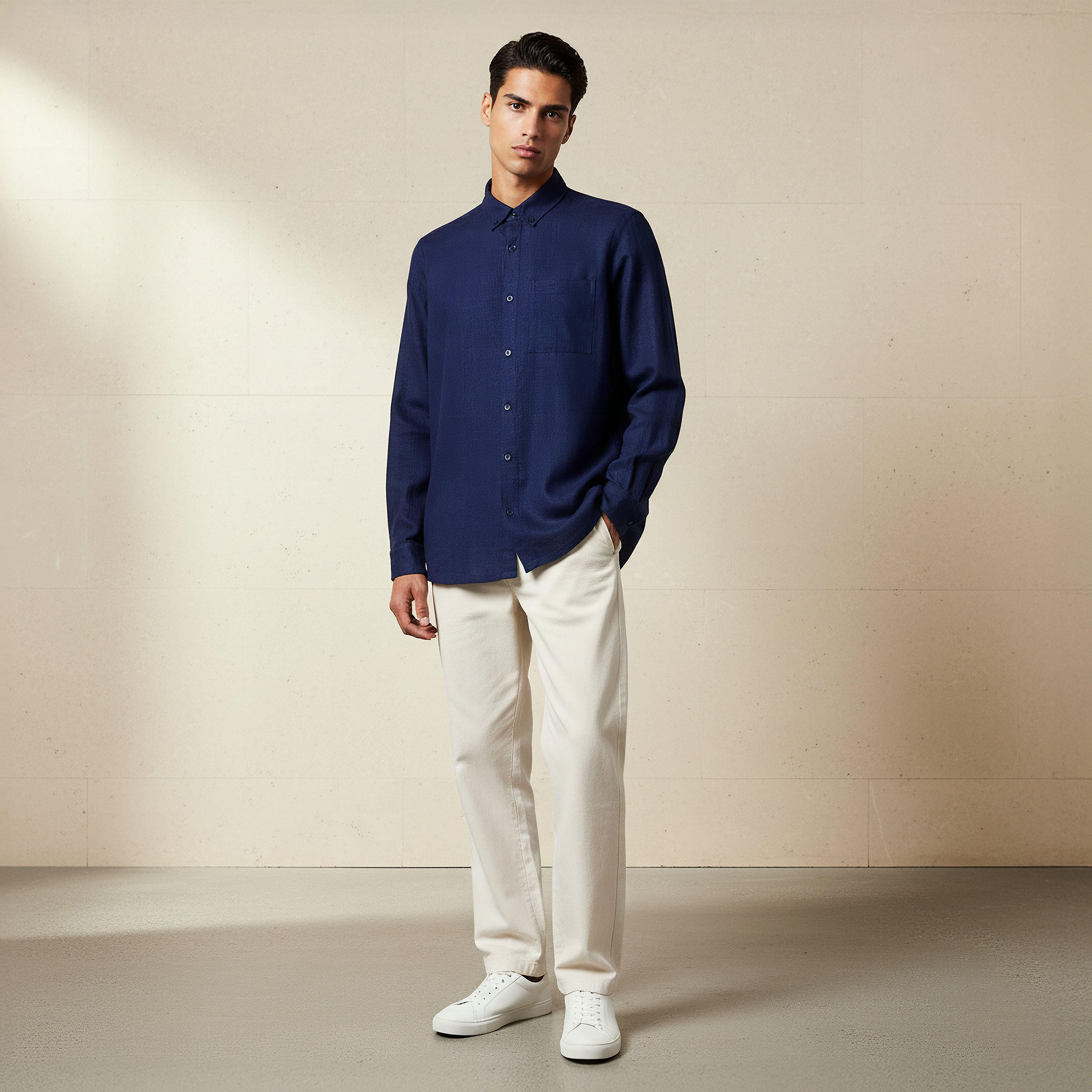 Men Regular Fit Collared Long Sleeves Linen Blend Shirt-men-clothing-shirts-image-2