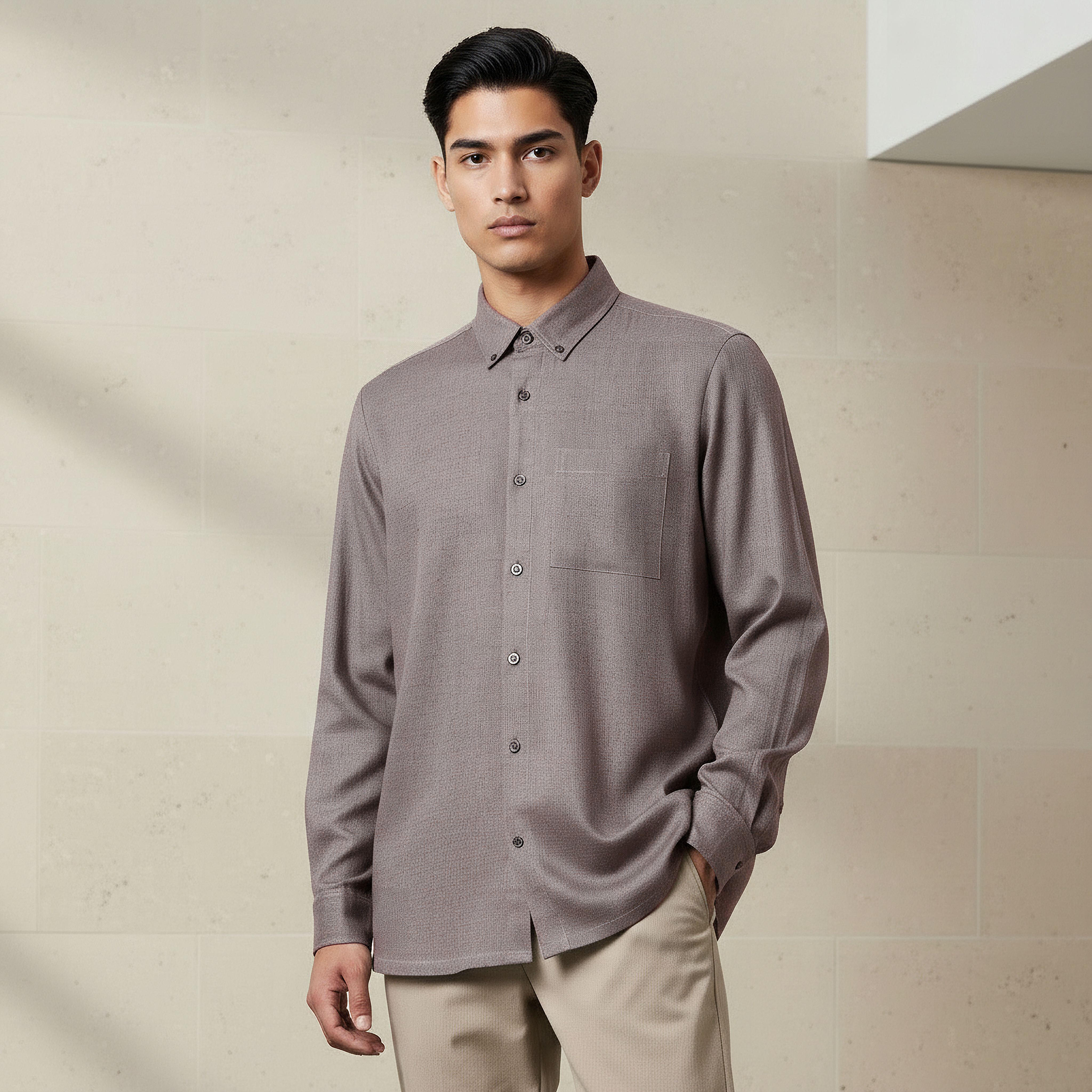 قميص من مزيج الكتان بقصة عادية وياقة عادية وأكمام طويلة للرجال-men-clothing-shirts-image-1
