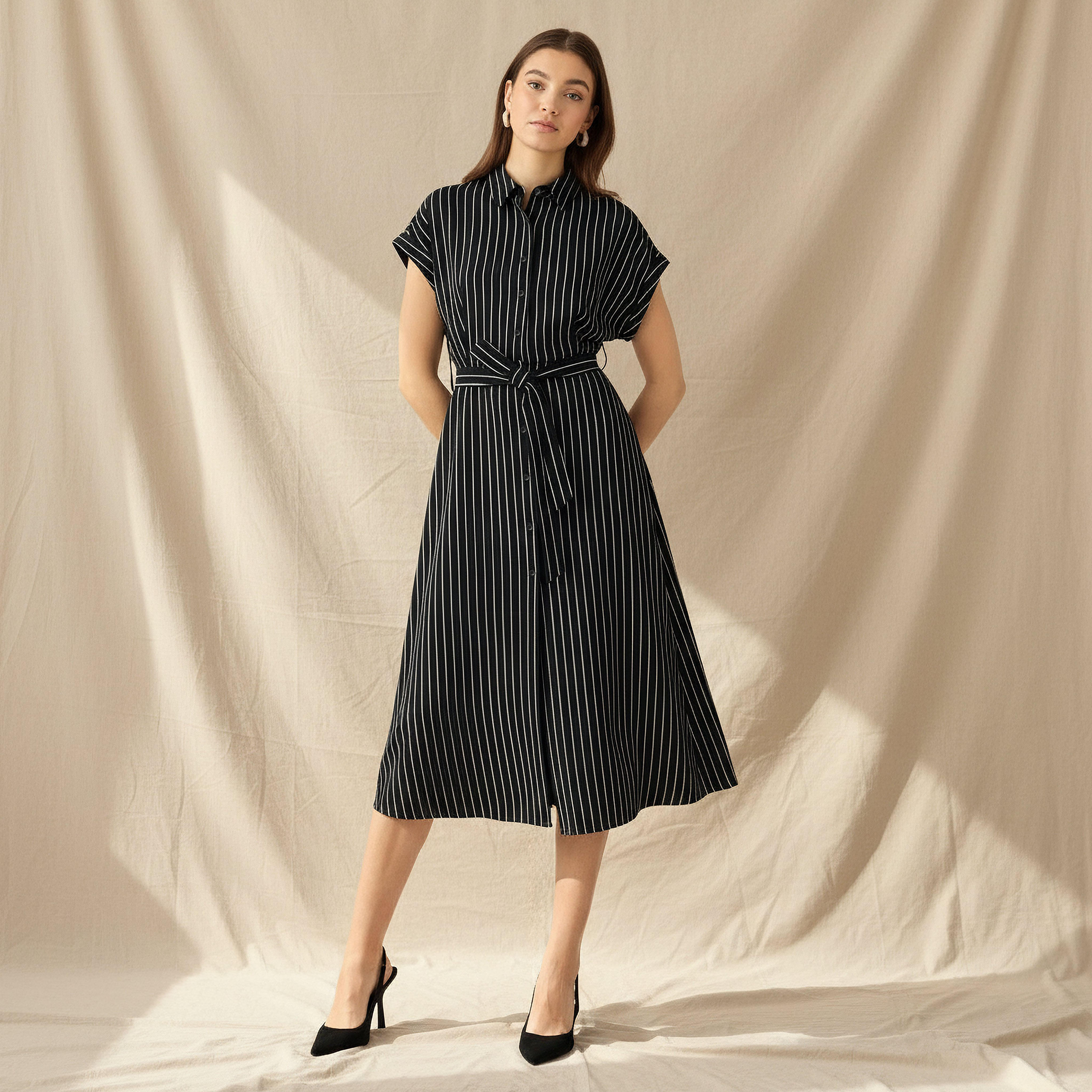Striped Shirt Women Dress with Belt-women-clothing-dresses-image-1