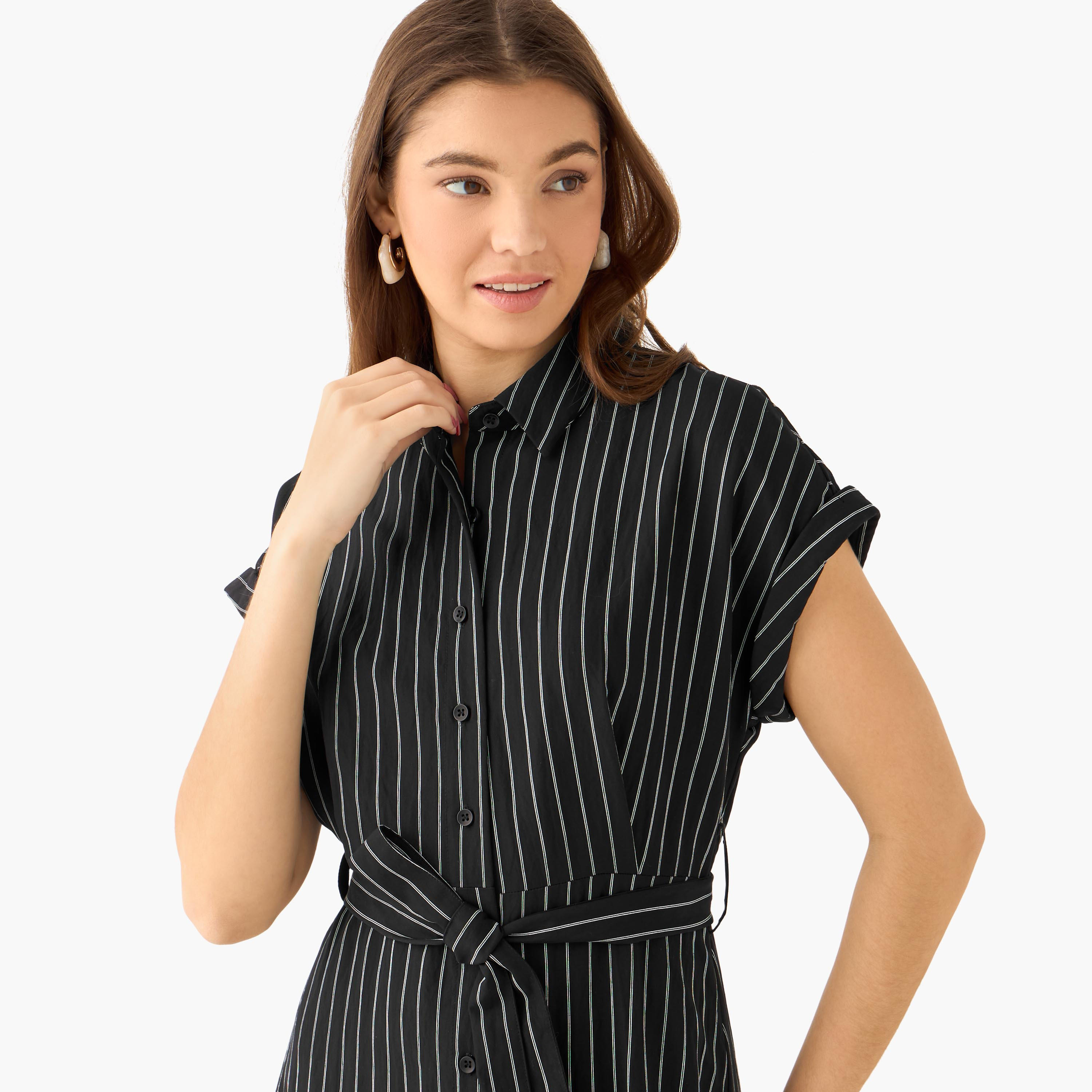 Striped Shirt Women Dress with Belt-women-clothing-dresses-image-5