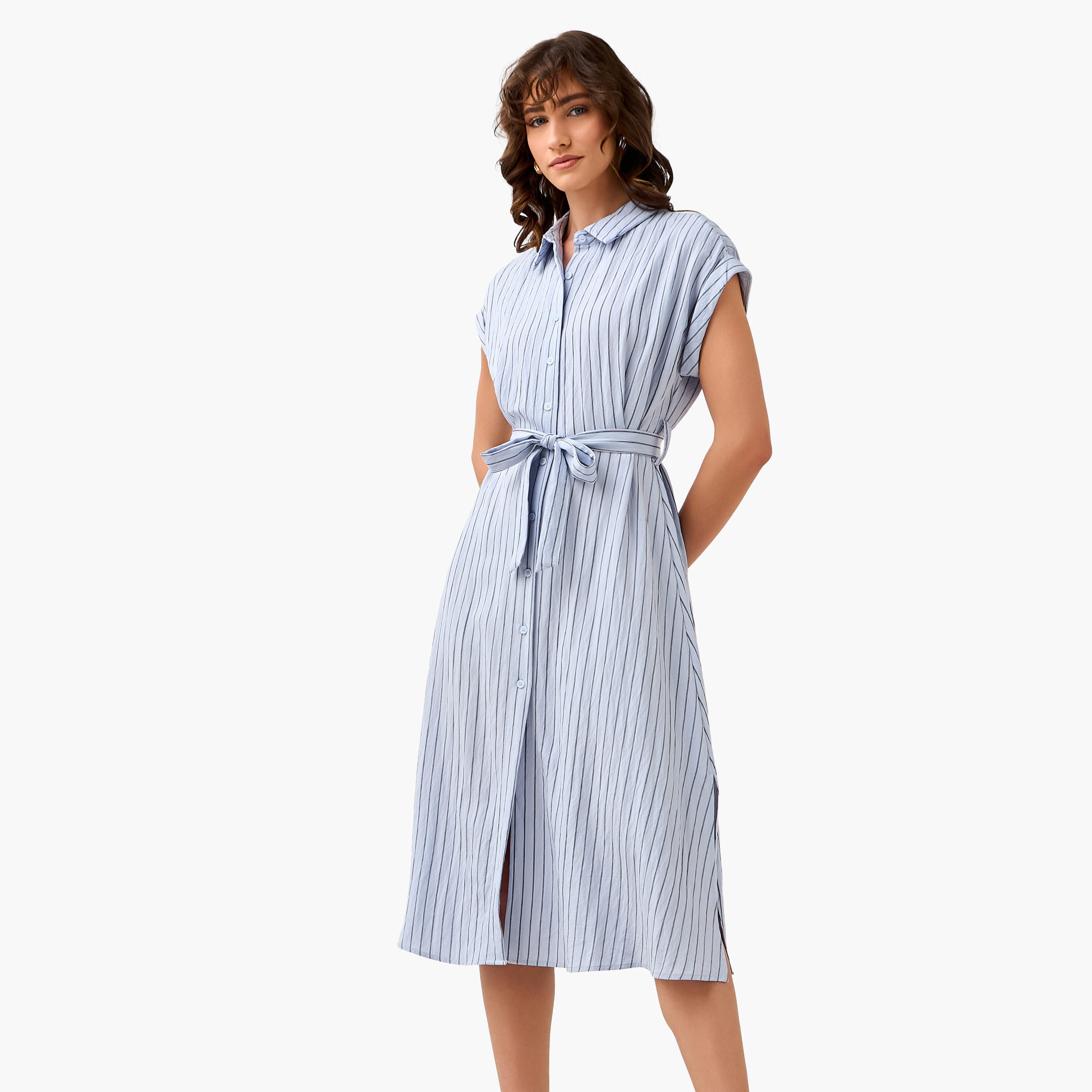 Striped Shirt Women Dress with Belt-women-clothing-dresses-image-2