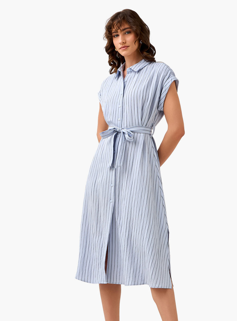 Striped Shirt Women Dress with Belt-women-clothing-dresses-image-2