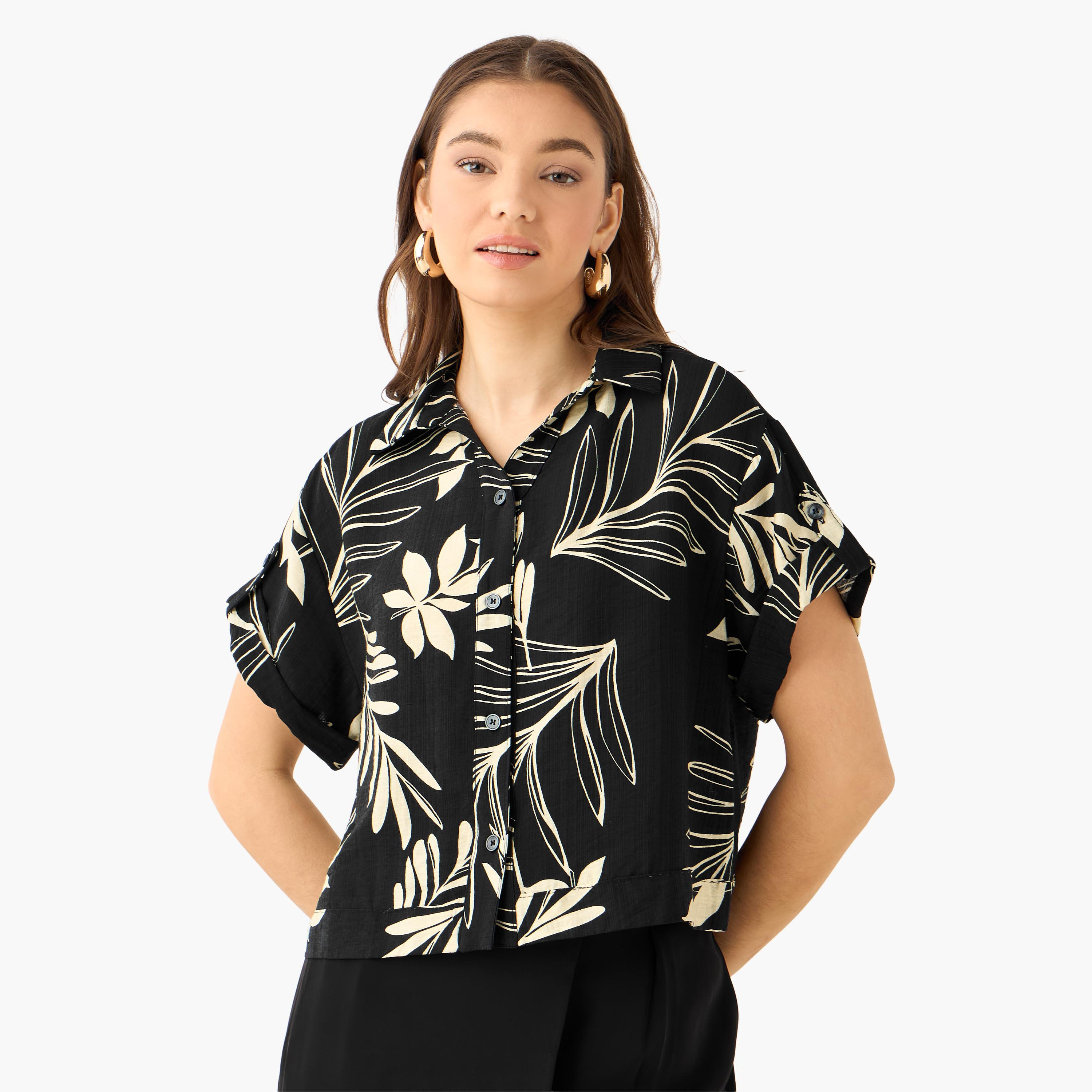 Cropped Shirt with Leaf Print-women-clothing-shirtsandblouses-shirts-image-2