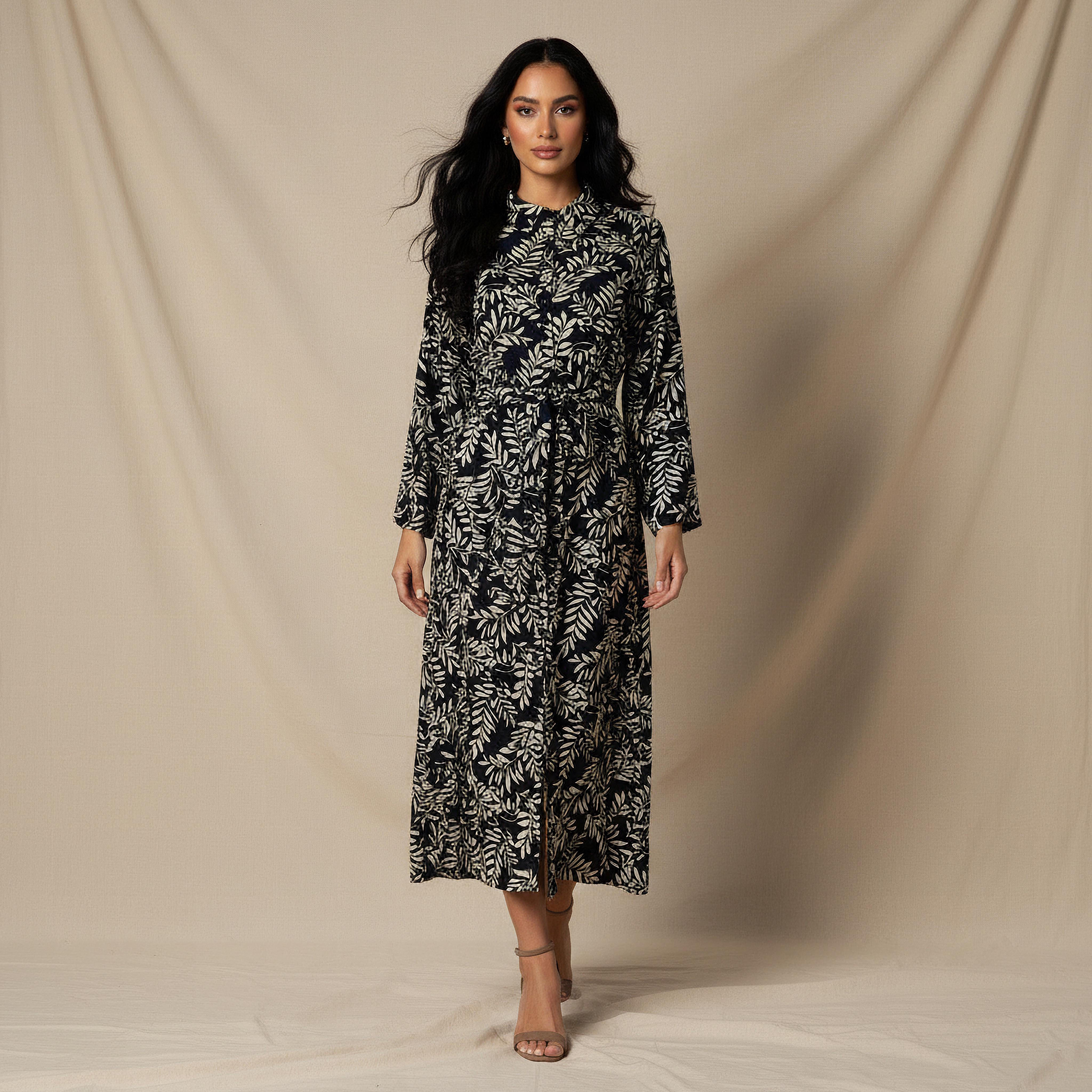 فستان قميص فيسكوز بحزام وطبعات أوراق شجر للنساء-women-clothing-dresses-image-1