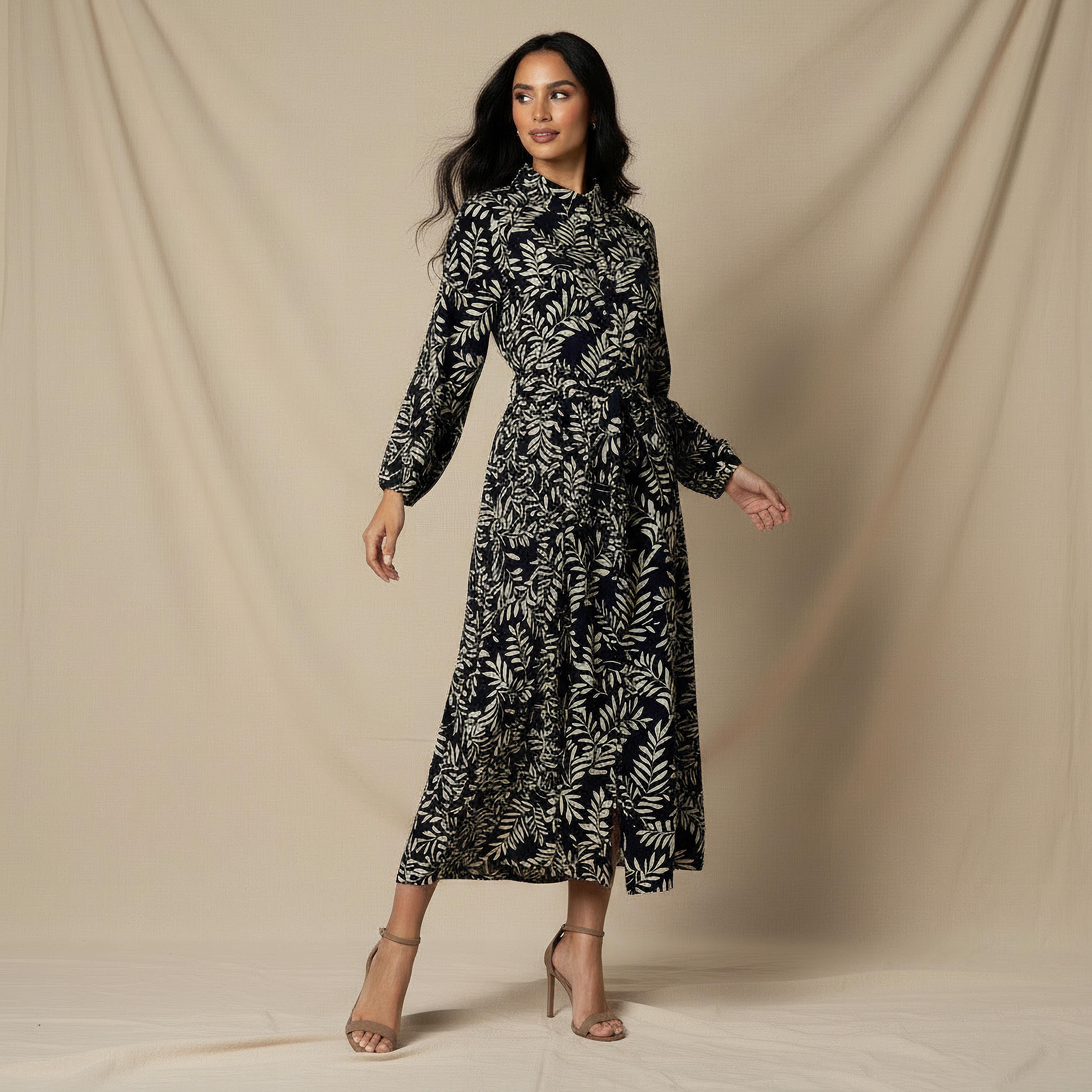 Leaf Print Viscose Women Shirt Dress with Belt-women-clothing-dresses-image-2