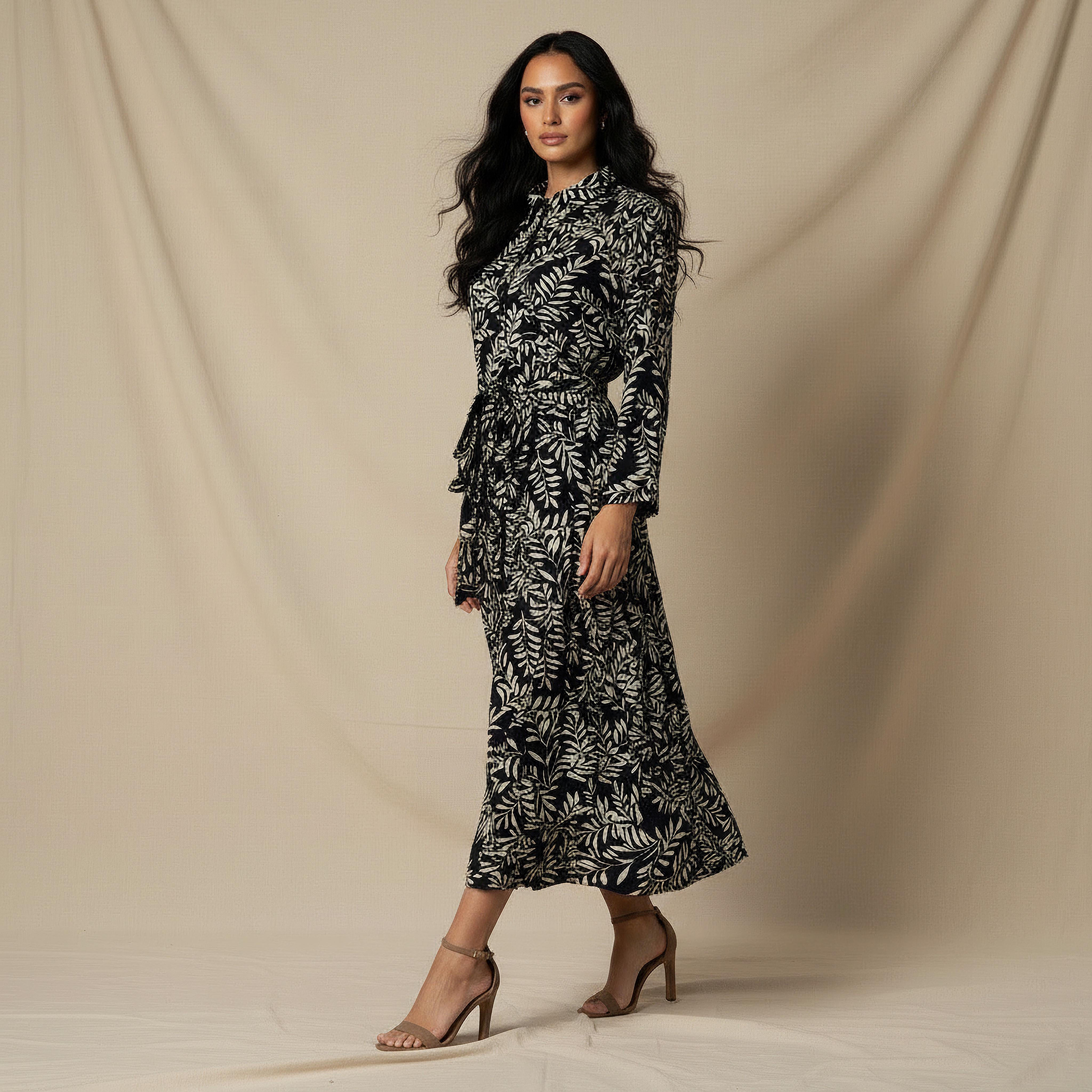 فستان قميص فيسكوز بحزام وطبعات أوراق شجر للنساء-women-clothing-dresses-image-3