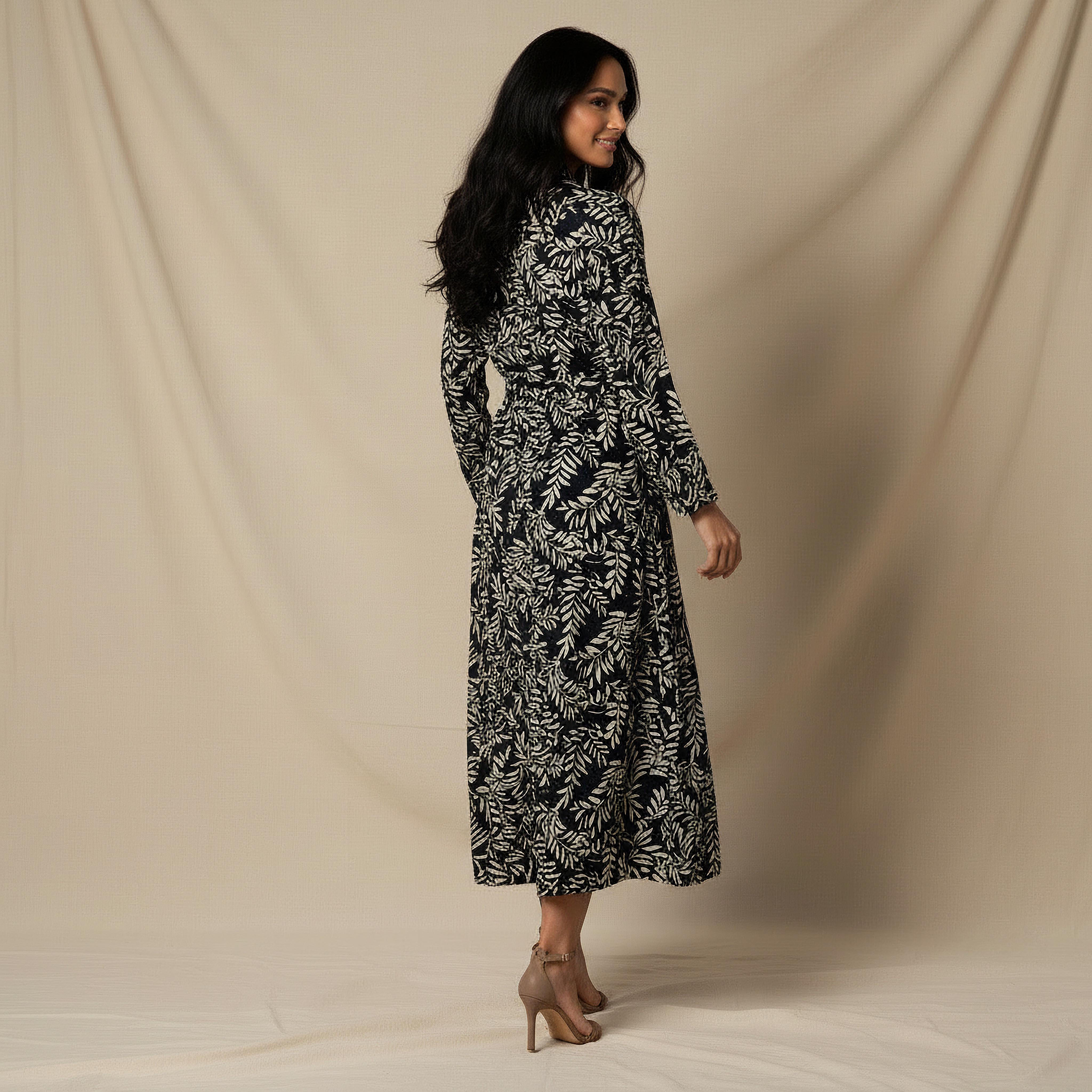 فستان قميص فيسكوز بحزام وطبعات أوراق شجر للنساء-women-clothing-dresses-image-5