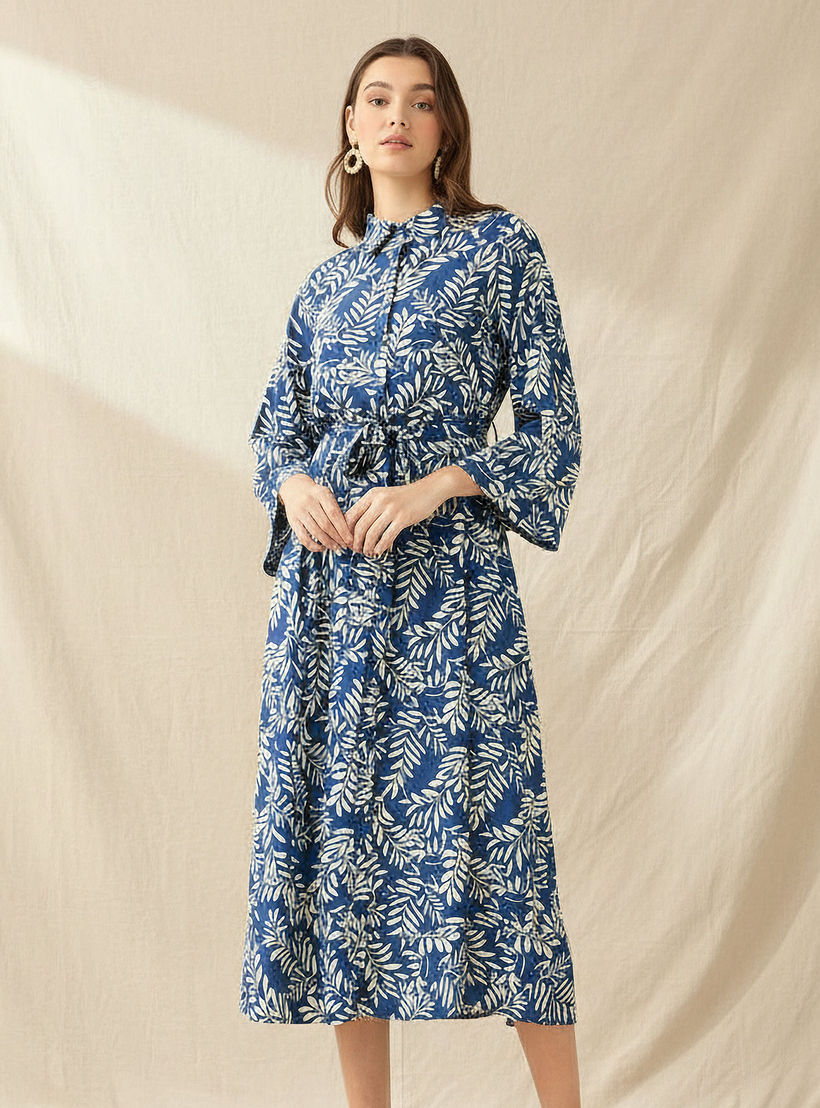 Leaf Print Viscose Women Shirt Dress with Belt-women-clothing-dresses-image-1