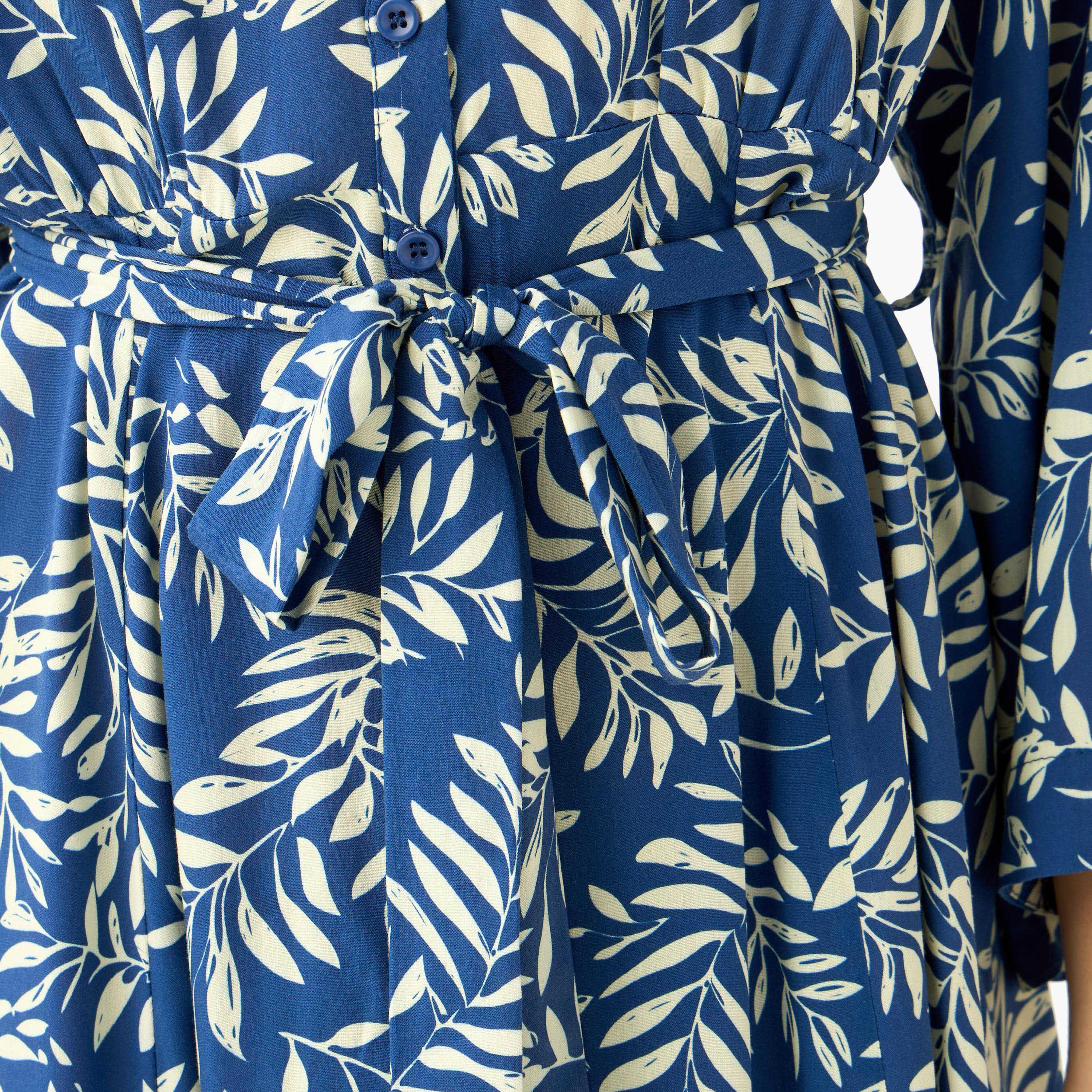Leaf Print Viscose Women Shirt Dress with Belt-women-clothing-dresses-image-2