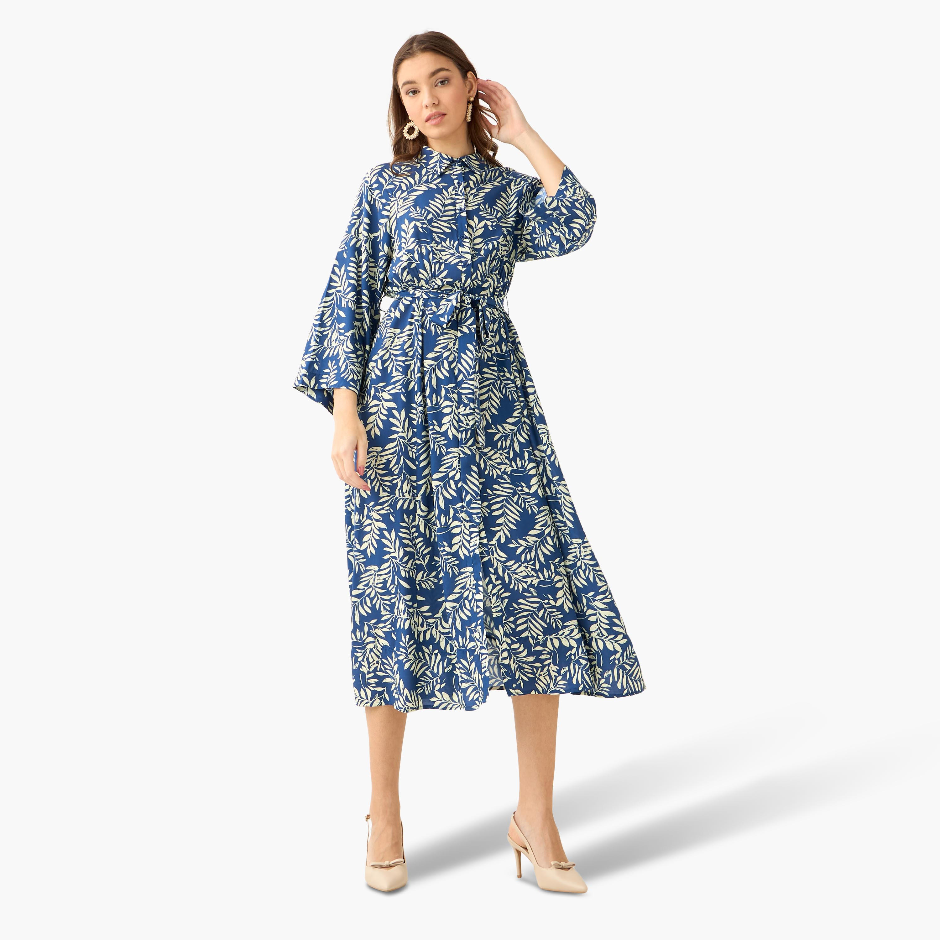 Leaf Print Viscose Women Shirt Dress with Belt-women-clothing-dresses-image-3