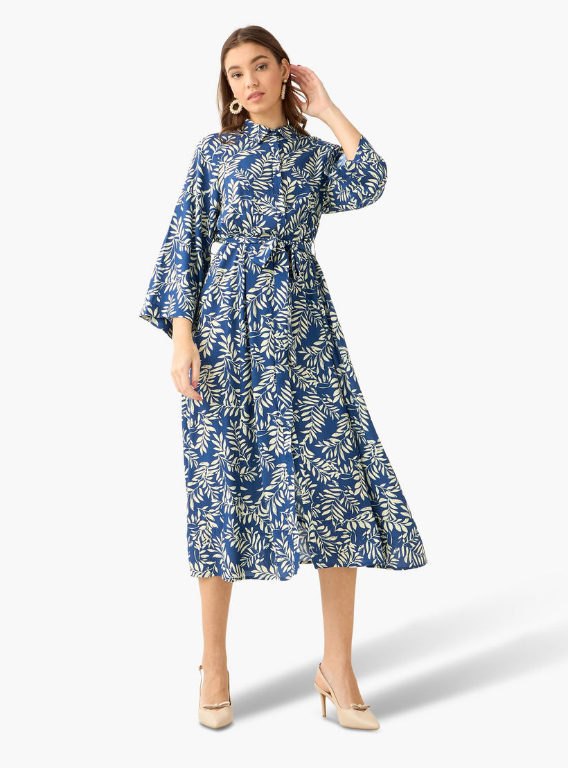 Leaf Print Viscose Women Shirt Dress with Belt-women-clothing-dresses-image-3