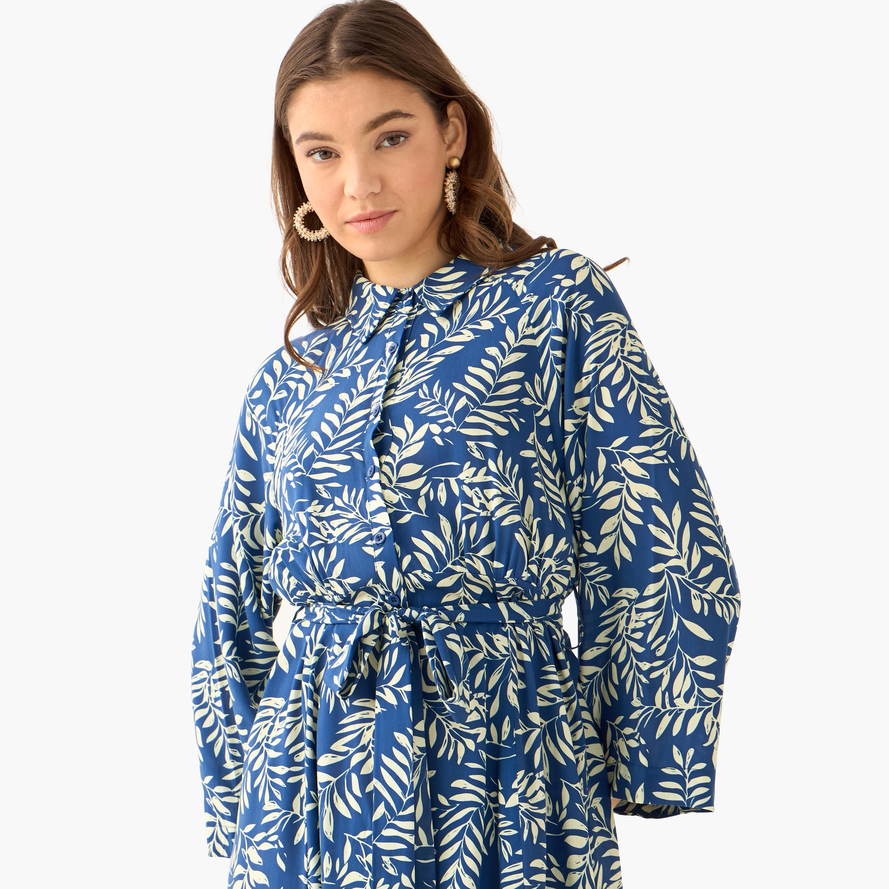 Leaf Print Viscose Women Shirt Dress with Belt-women-clothing-dresses-image-5