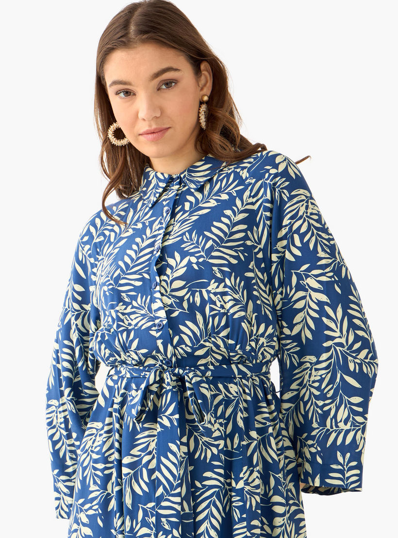 Leaf Print Viscose Women Shirt Dress with Belt-women-clothing-dresses-image-5