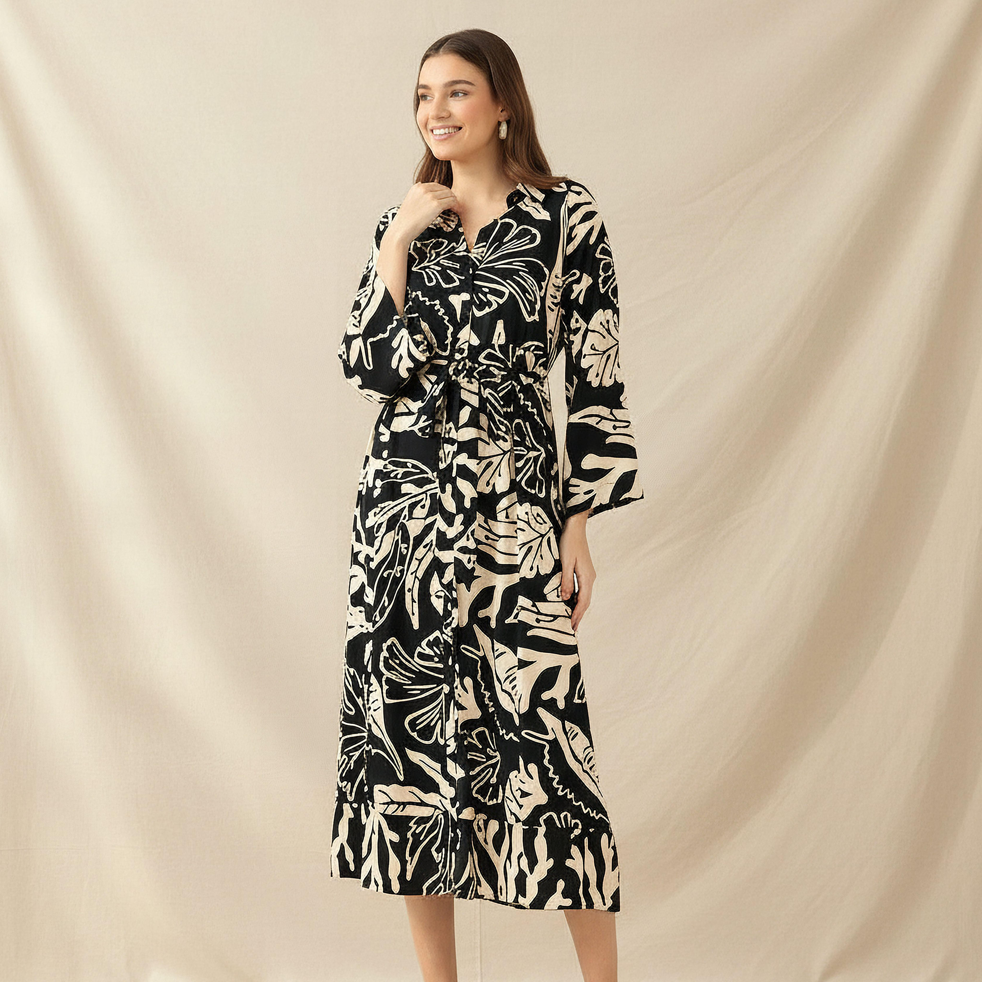 Leaf Print Viscose Women Shirt Dress with Belt-women-clothing-dresses-image-1