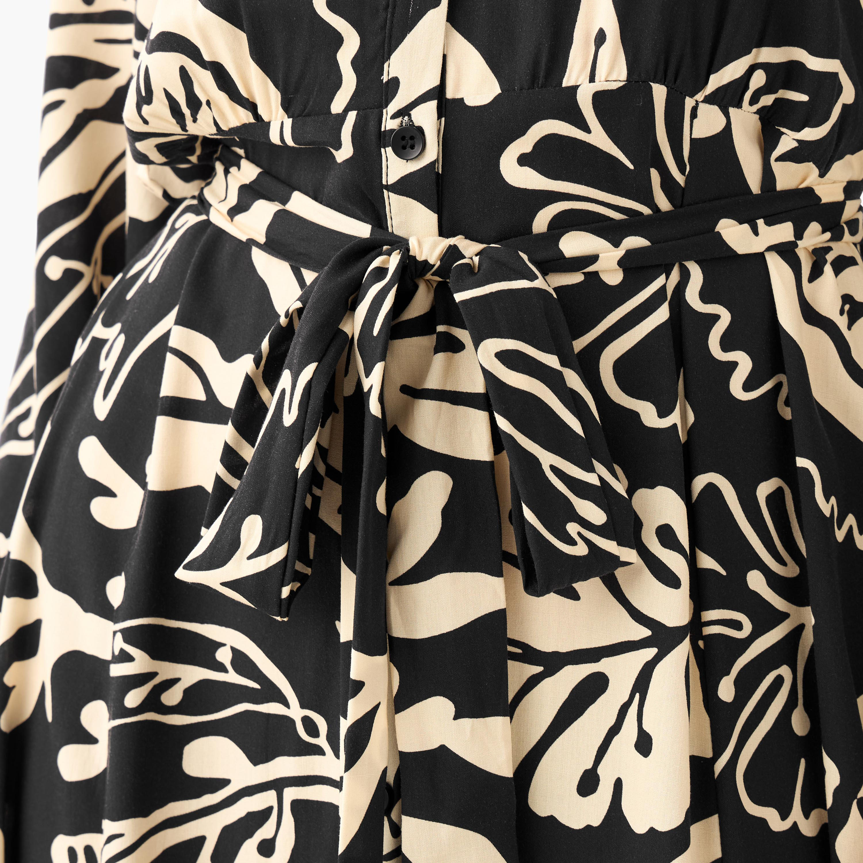 Leaf Print Viscose Women Shirt Dress with Belt-women-clothing-dresses-image-2