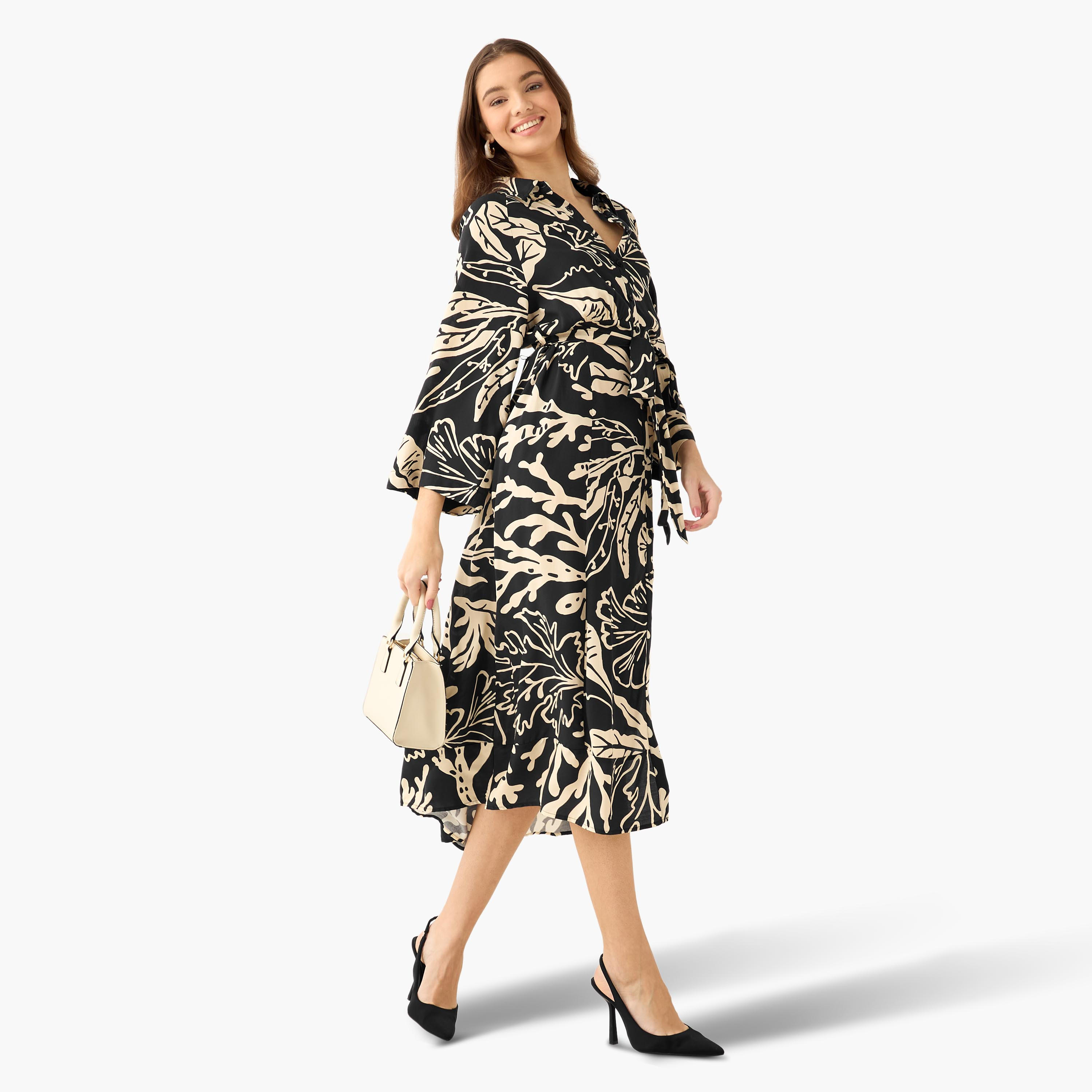 Leaf Print Viscose Women Shirt Dress with Belt-women-clothing-dresses-image-3