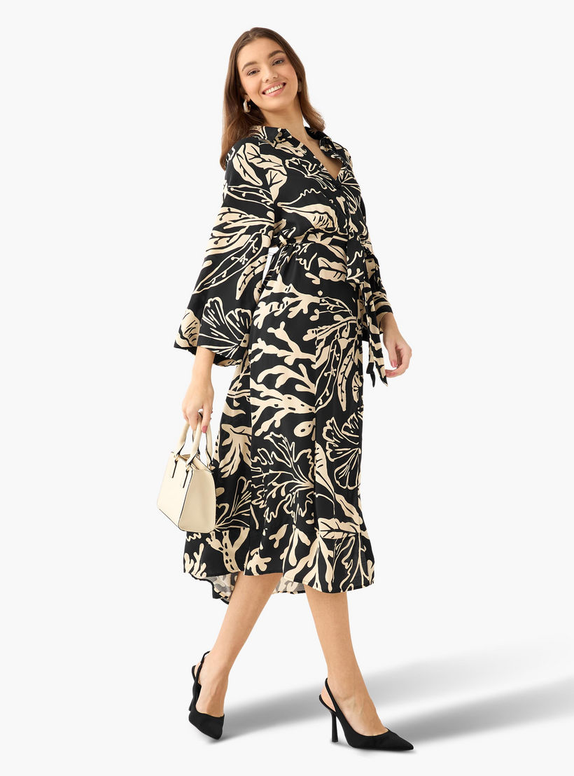 Leaf Print Viscose Women Shirt Dress with Belt-women-clothing-dresses-image-3