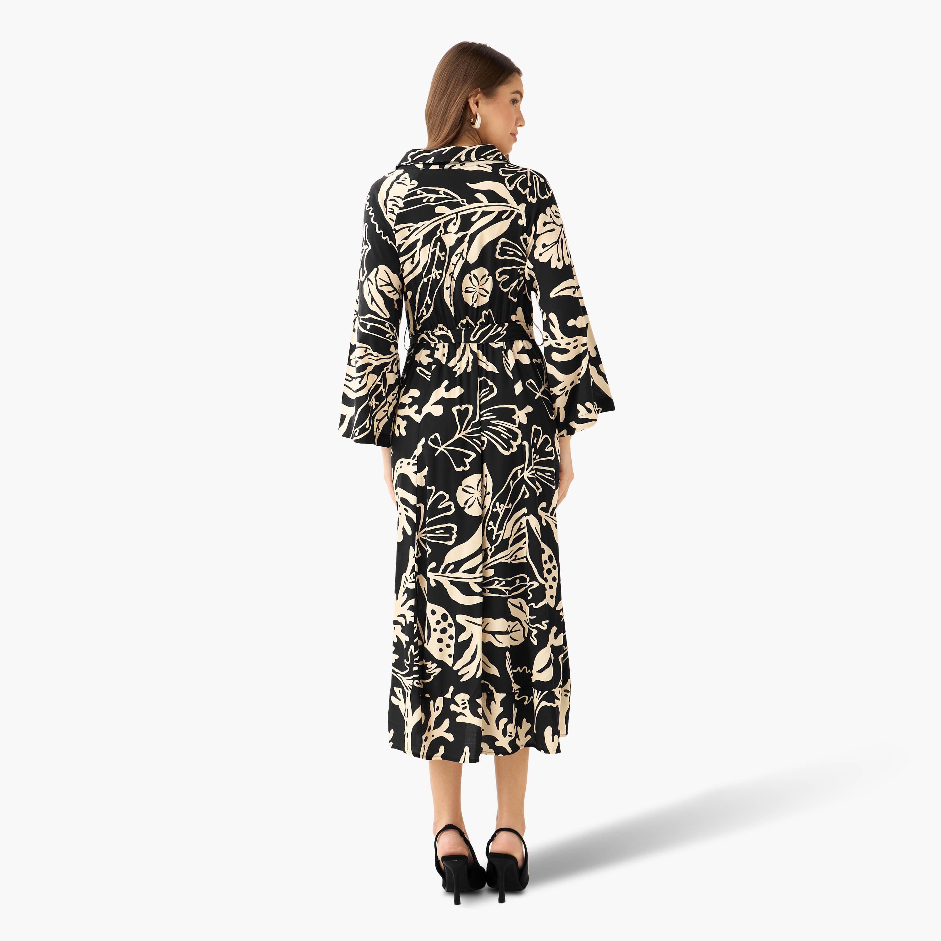 Leaf Print Viscose Women Shirt Dress with Belt-women-clothing-dresses-image-4