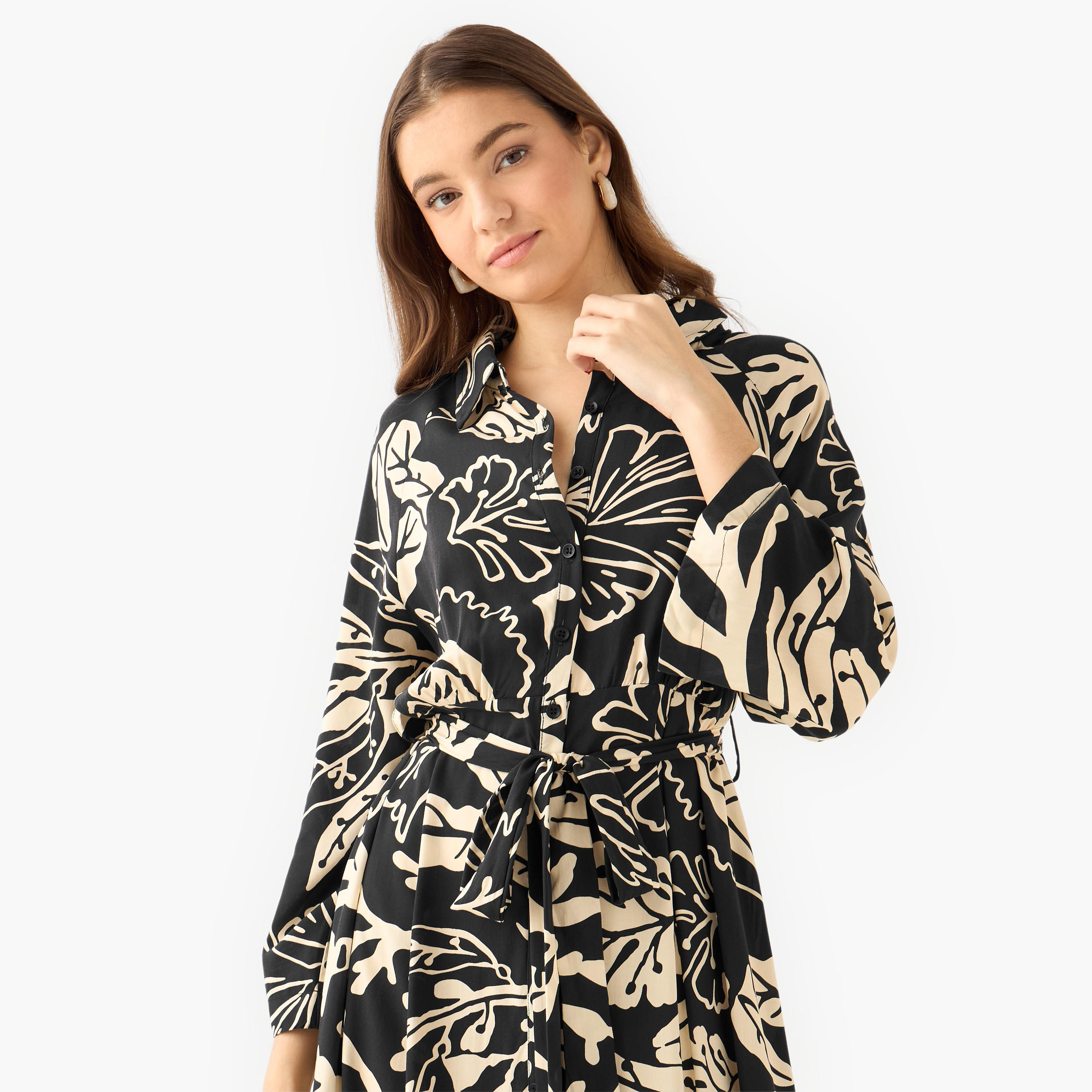 Leaf Print Viscose Women Shirt Dress with Belt-women-clothing-dresses-image-5