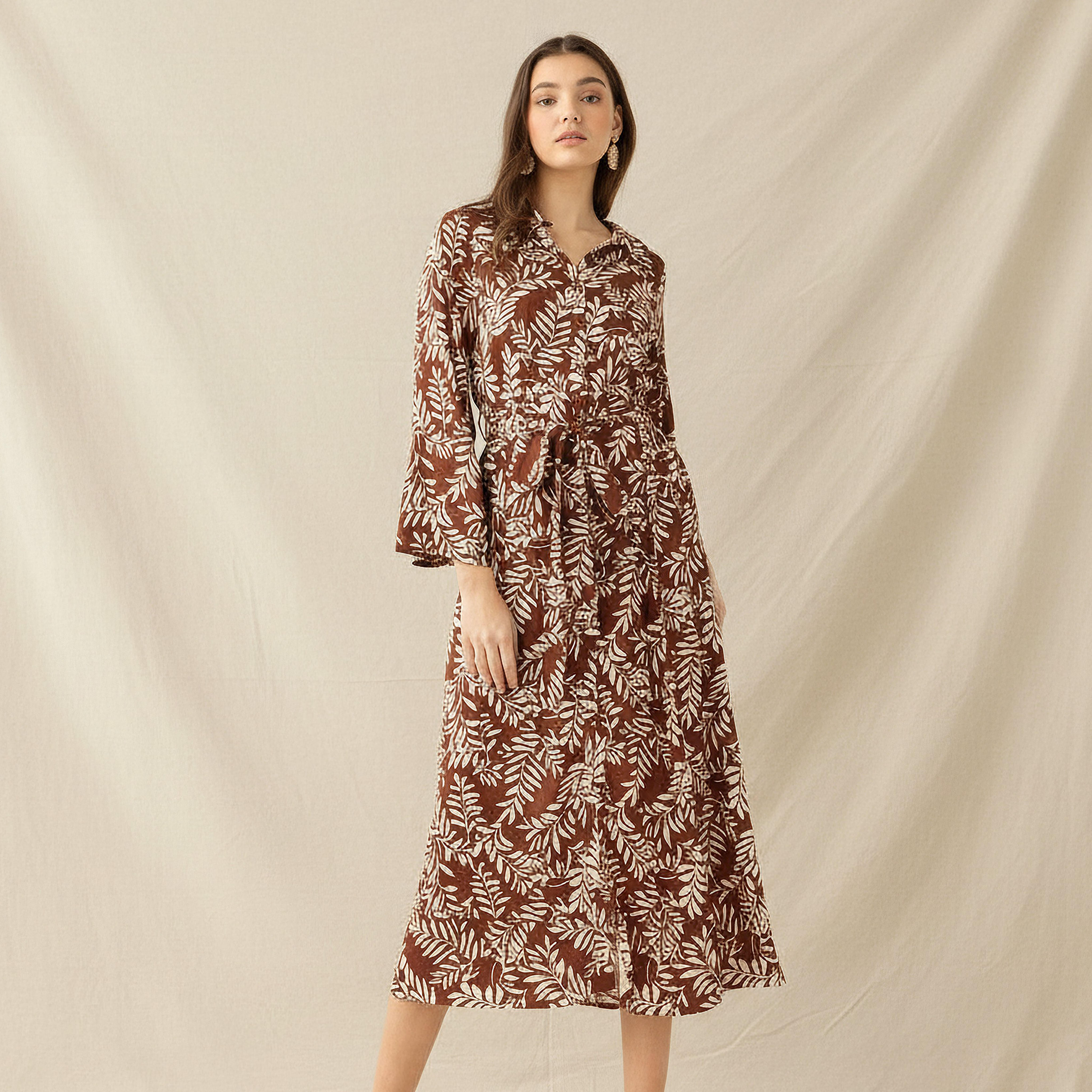 Leaf Print Viscose Women Shirt Dress with Belt-women-clothing-dresses-image-1