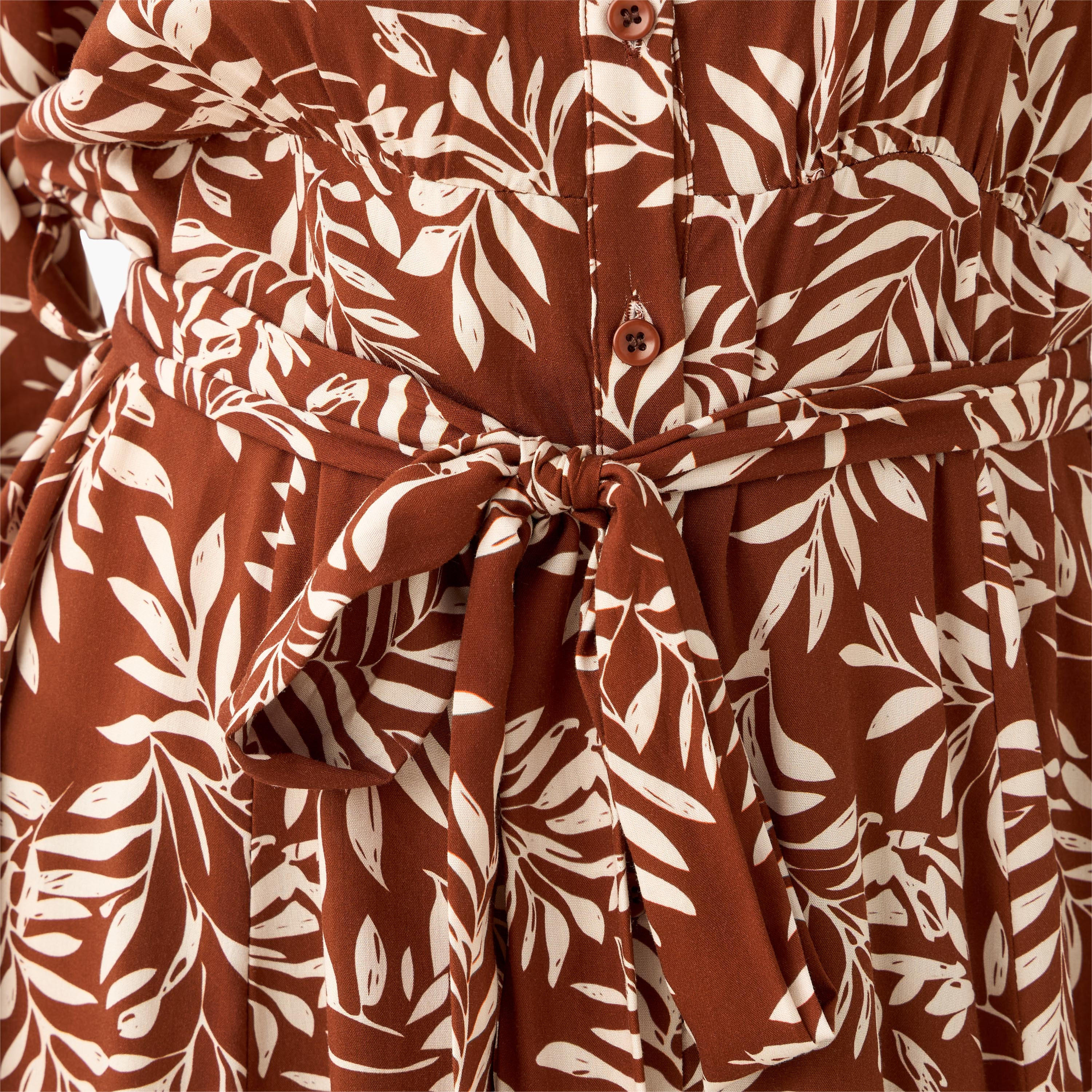Leaf Print Viscose Women Shirt Dress with Belt-women-clothing-dresses-image-2