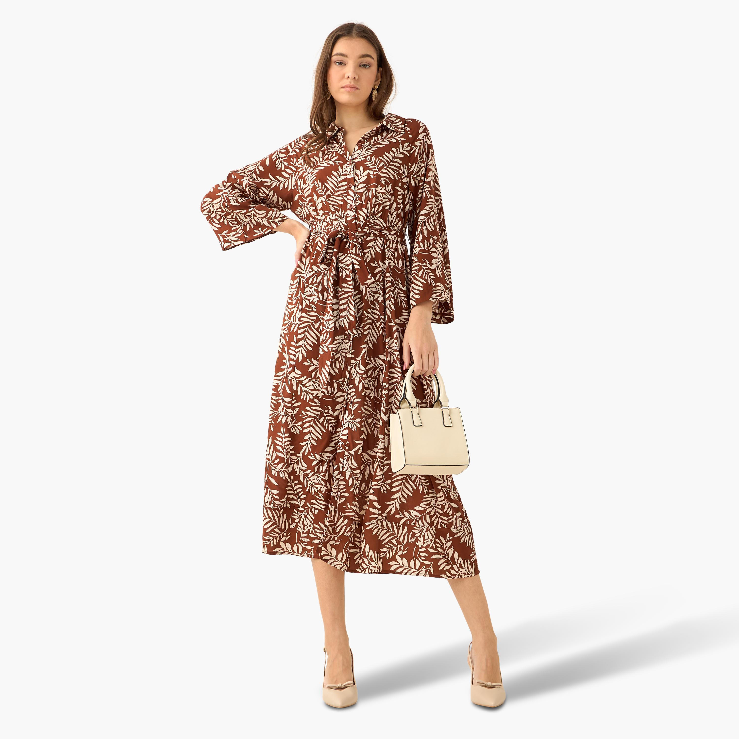 Leaf Print Viscose Women Shirt Dress with Belt-women-clothing-dresses-image-3