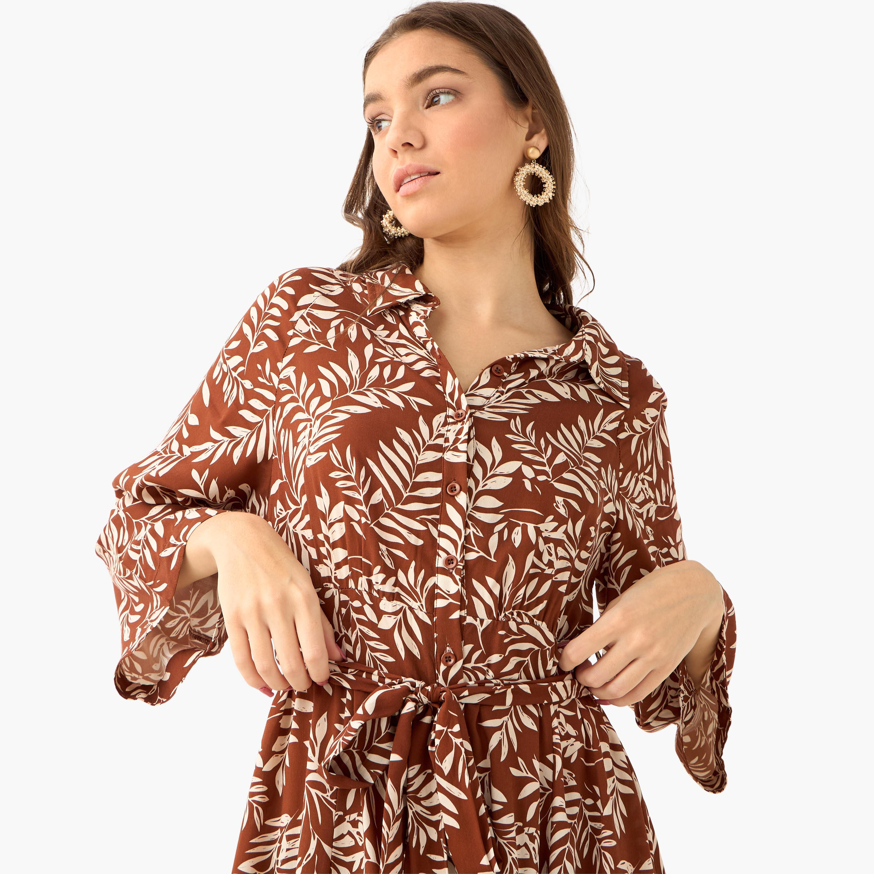 Leaf Print Viscose Women Shirt Dress with Belt-women-clothing-dresses-image-5