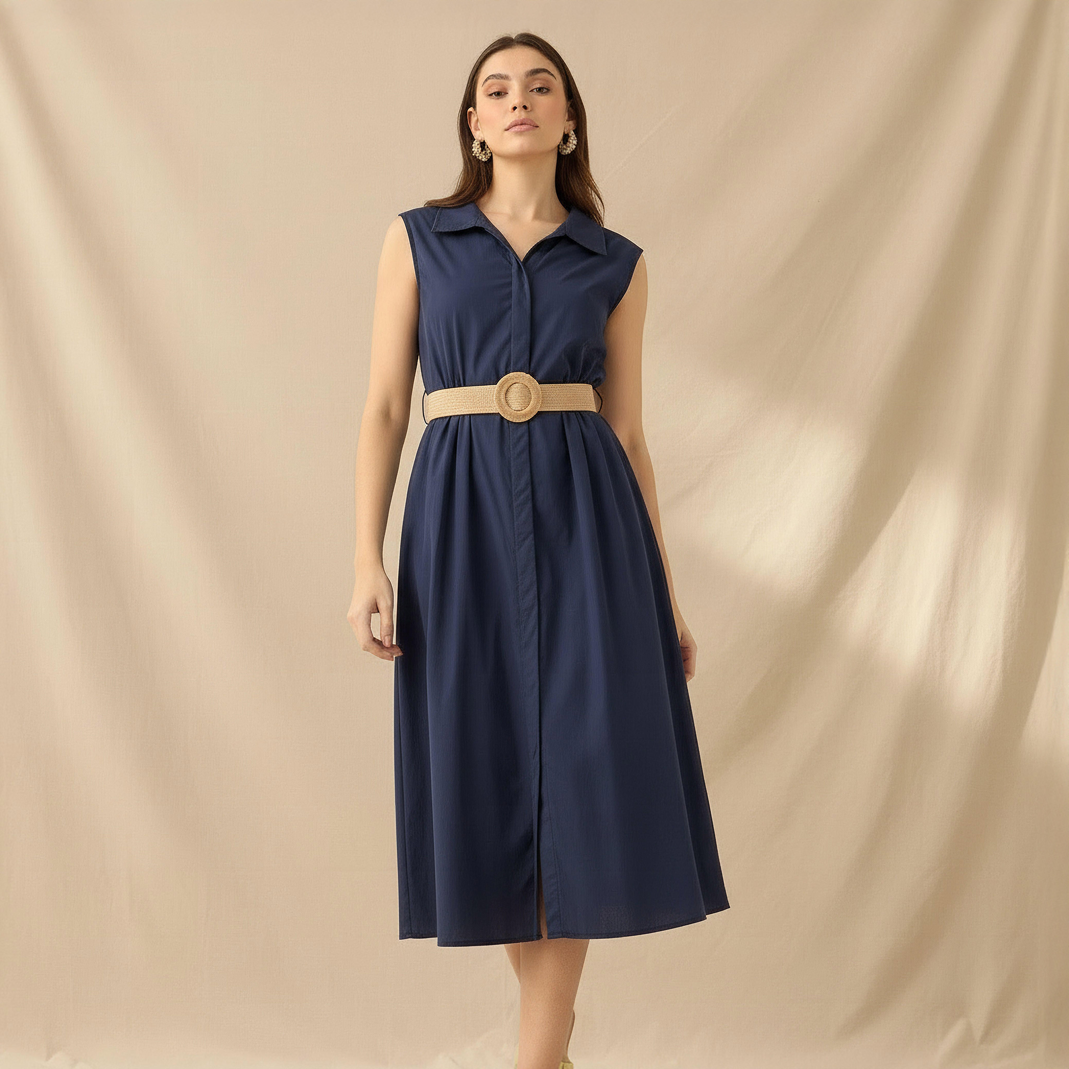 فستان قميص ميدي قطن بحزام-women-clothing-dresses-image-1