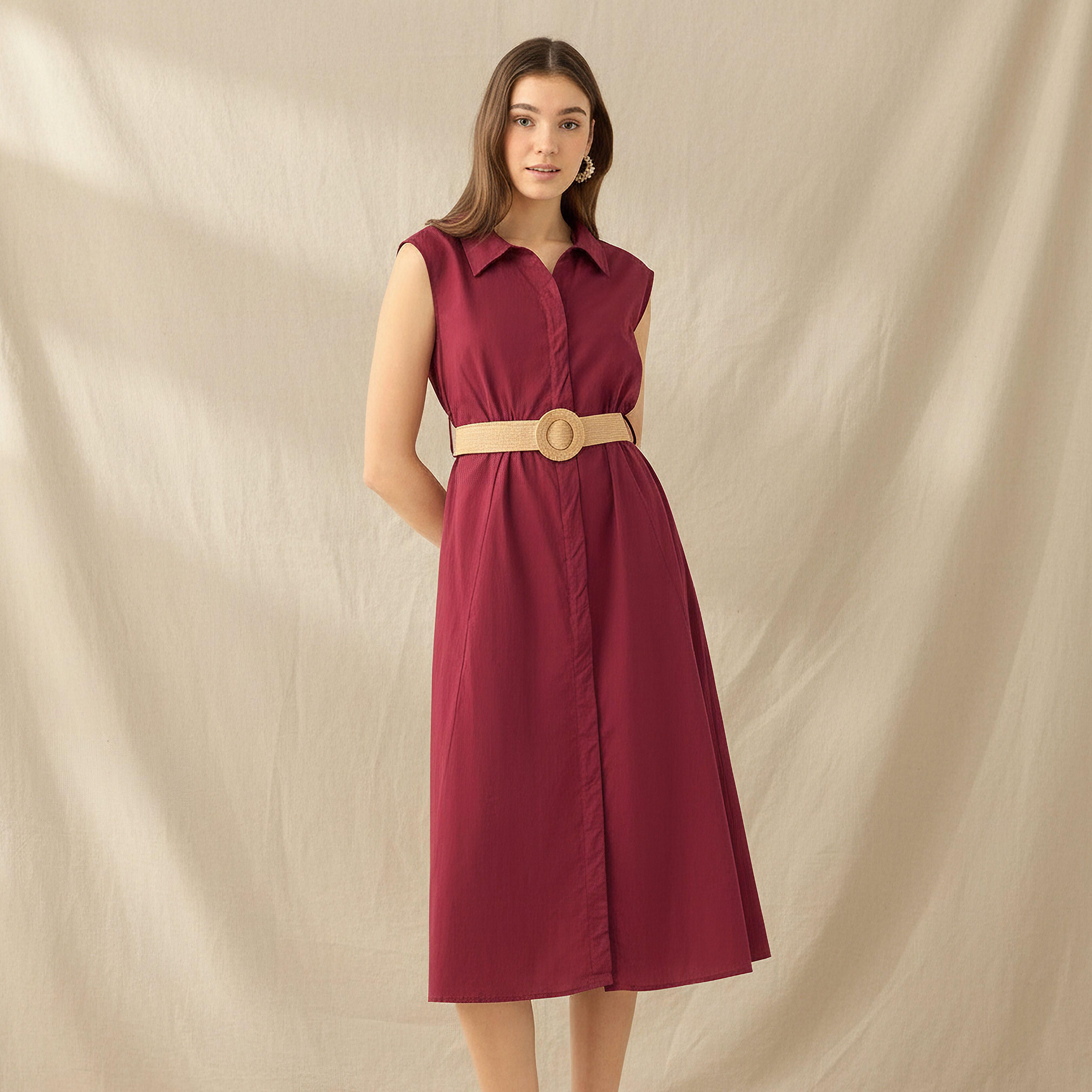 Shirt Midi Length Cotton Dress with Belt-women-clothing-dresses-image-1