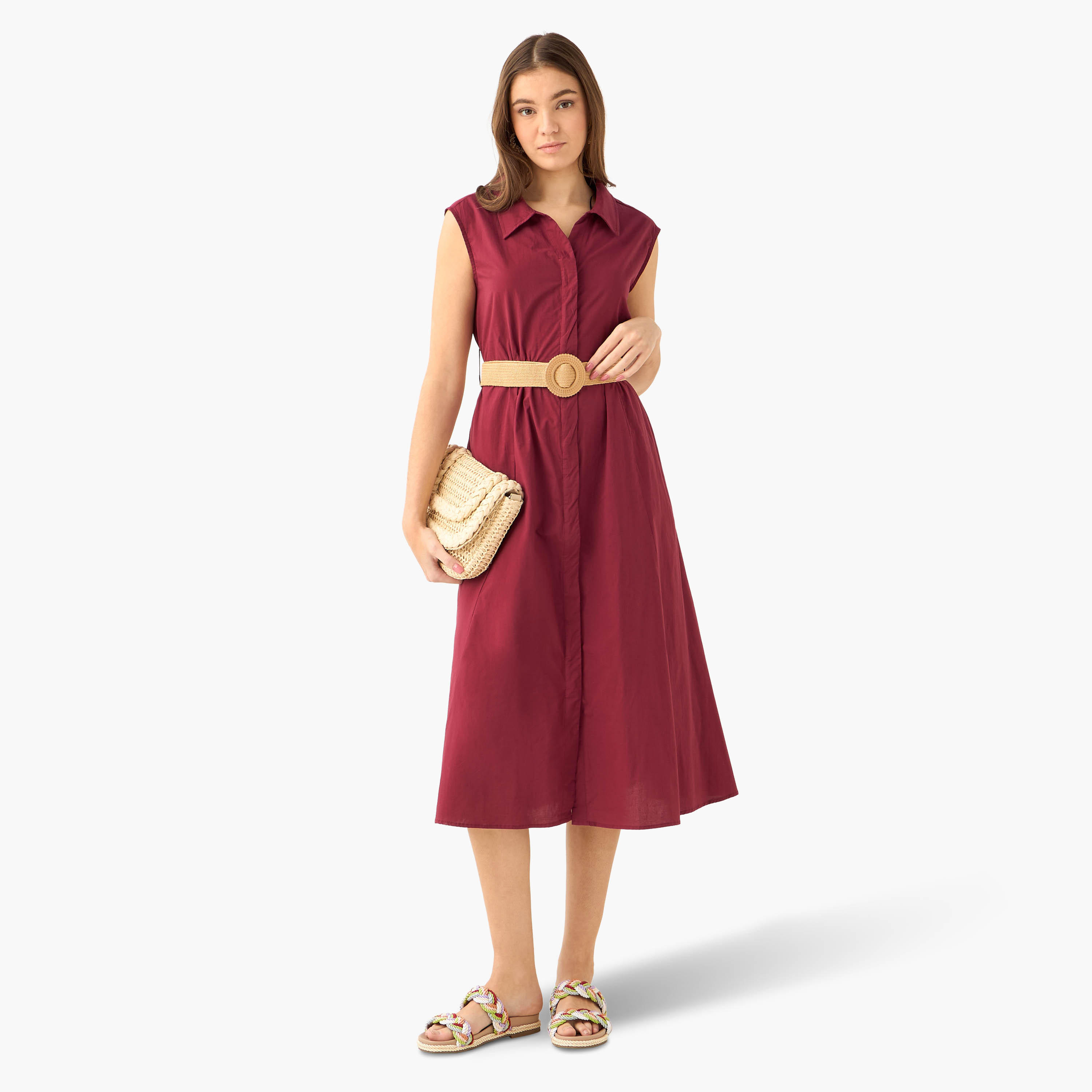 Shirt Midi Length Cotton Dress with Belt-women-clothing-dresses-image-3