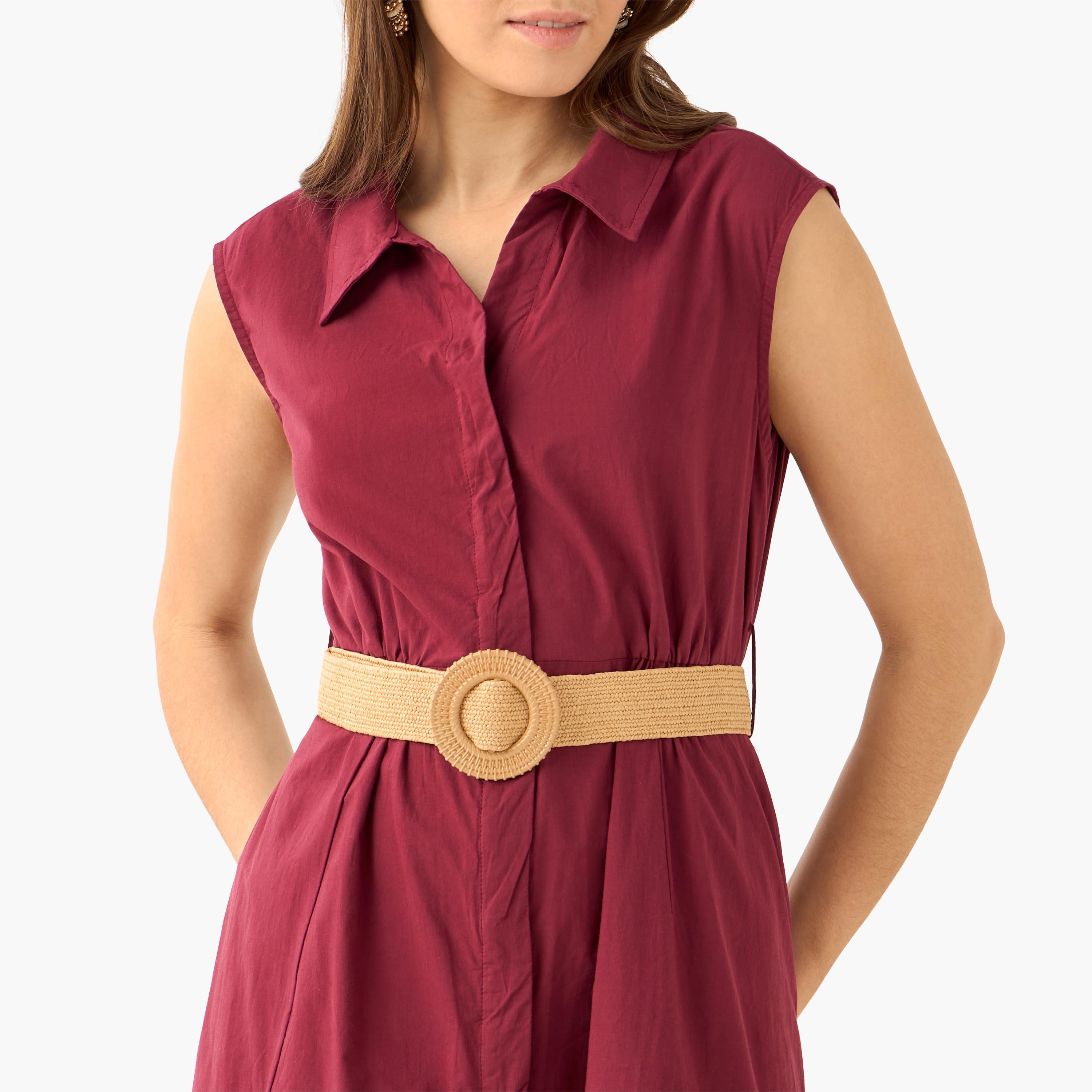 Shirt Midi Length Cotton Dress with Belt-women-clothing-dresses-image-5