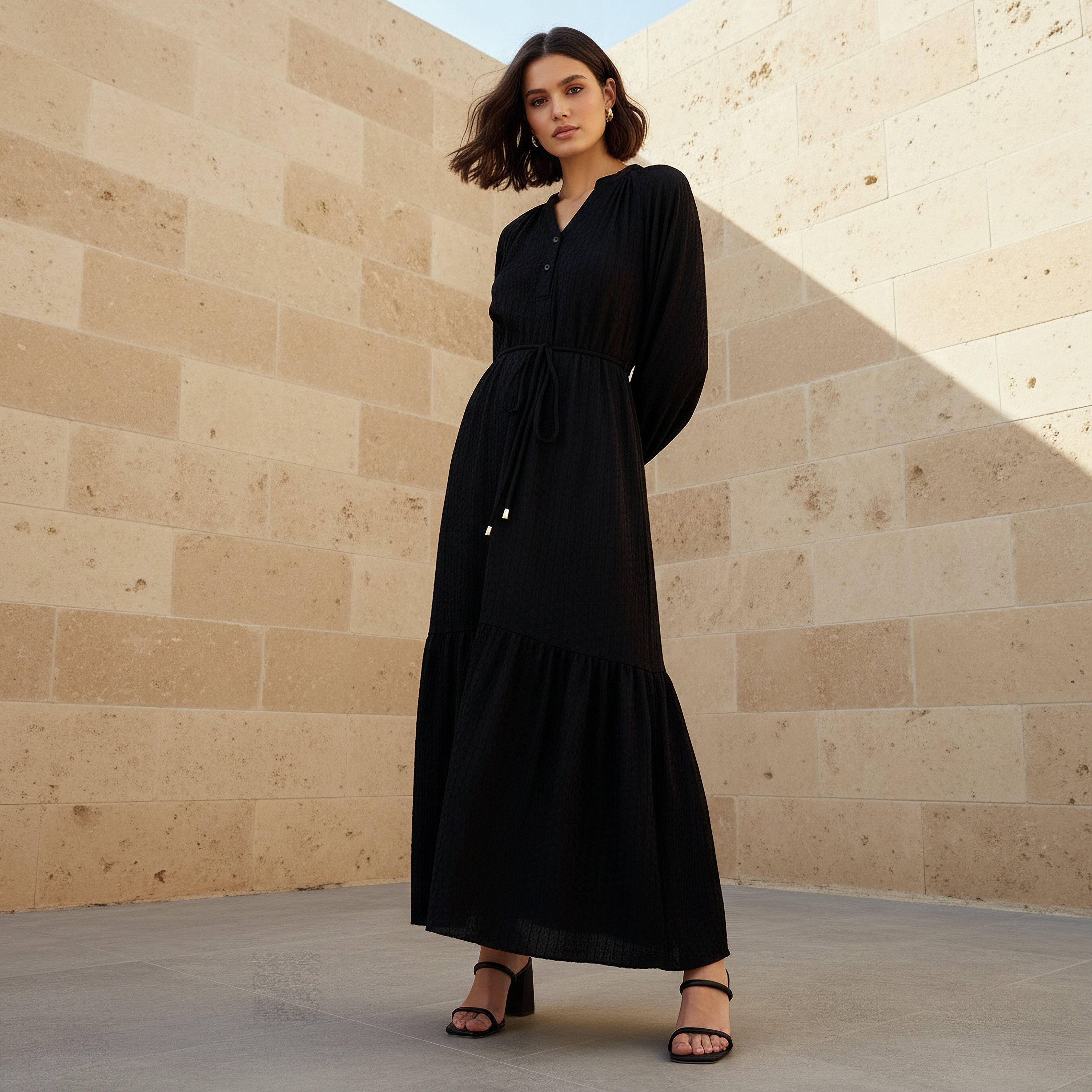 Textured Maxi Women Dress with Tie-Up Detail-women-clothing-dresses-image-1