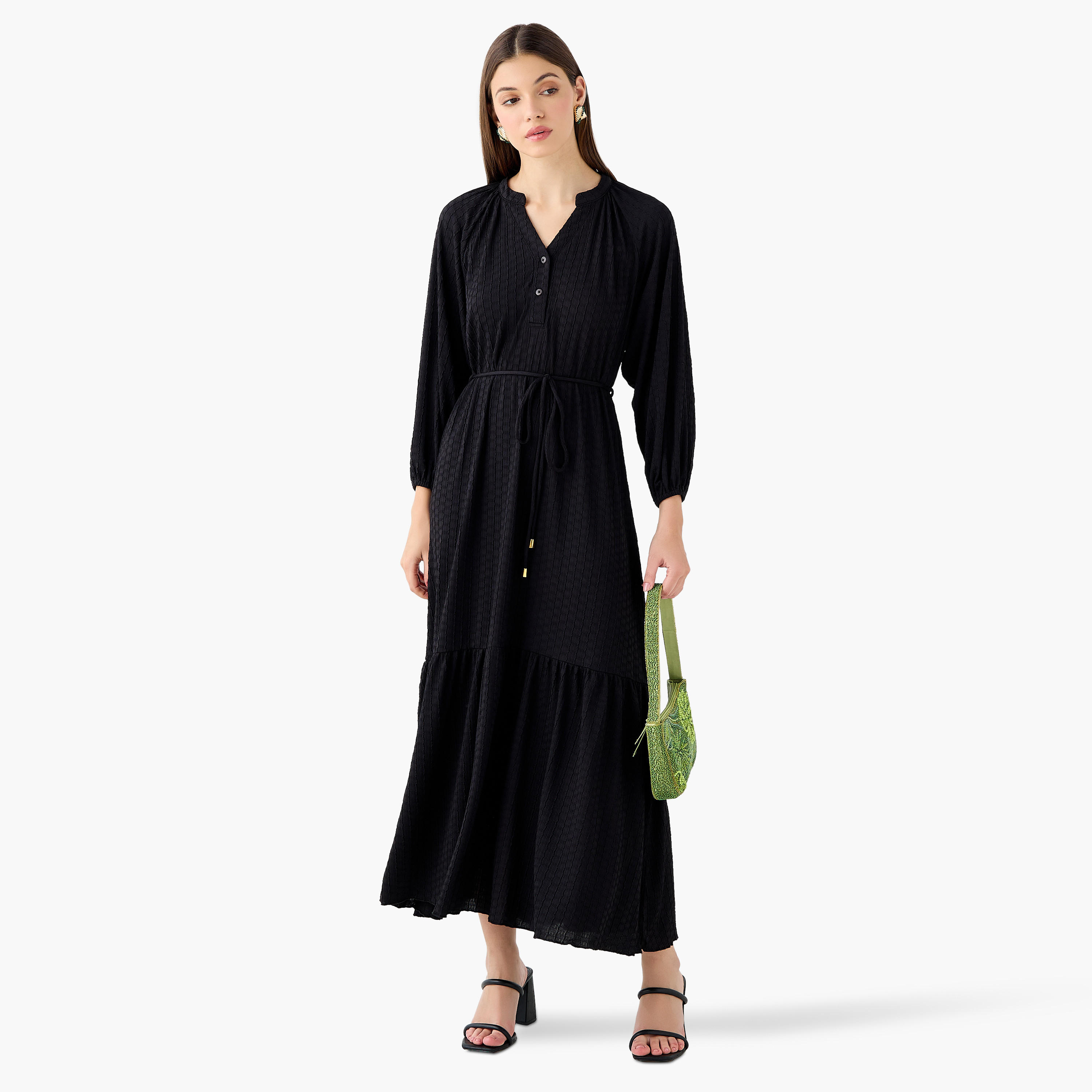 Textured Maxi Women Dress with Tie-Up Detail-women-clothing-dresses-image-4