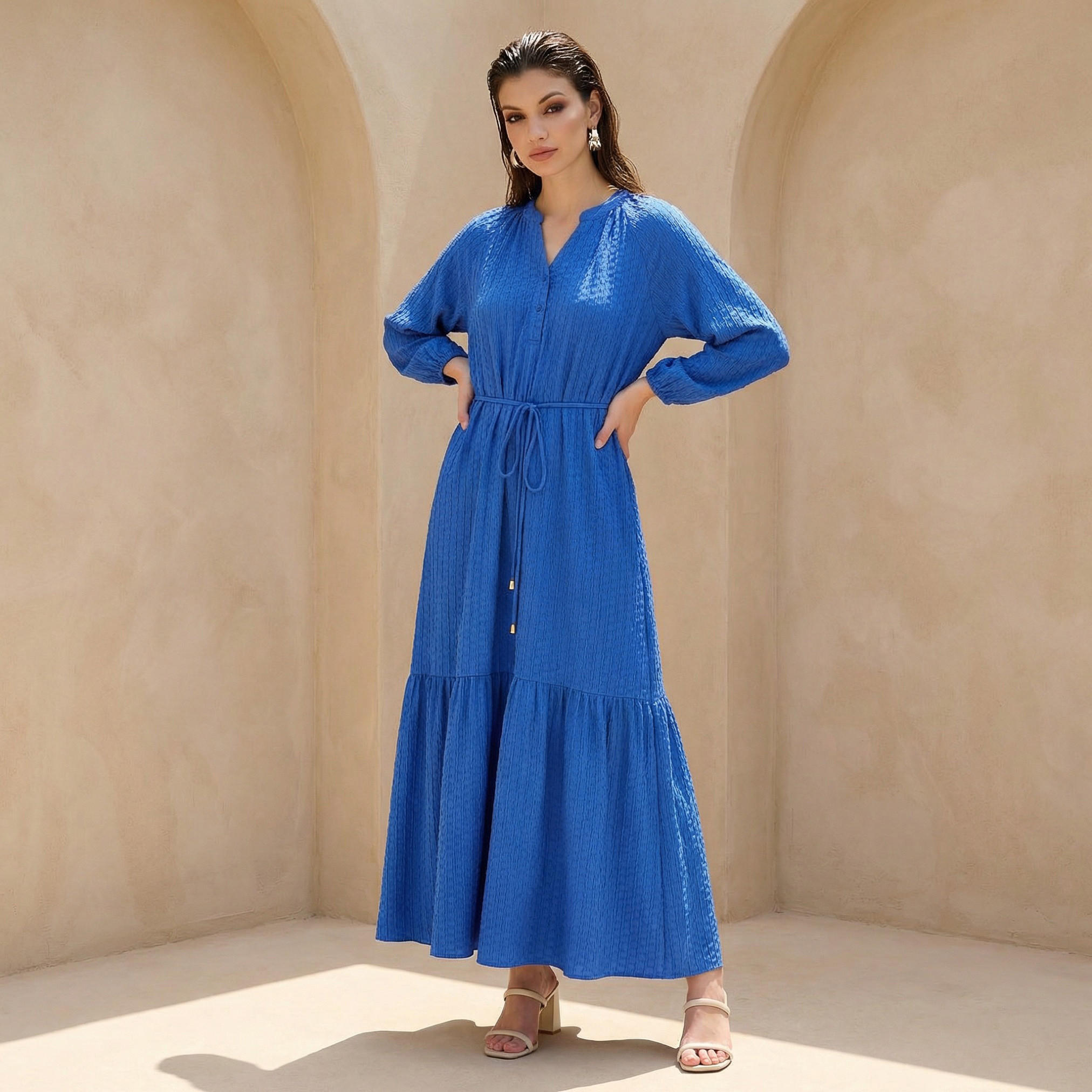 Textured Maxi Women Dress with Tie-Up Detail-women-clothing-dresses-image-1
