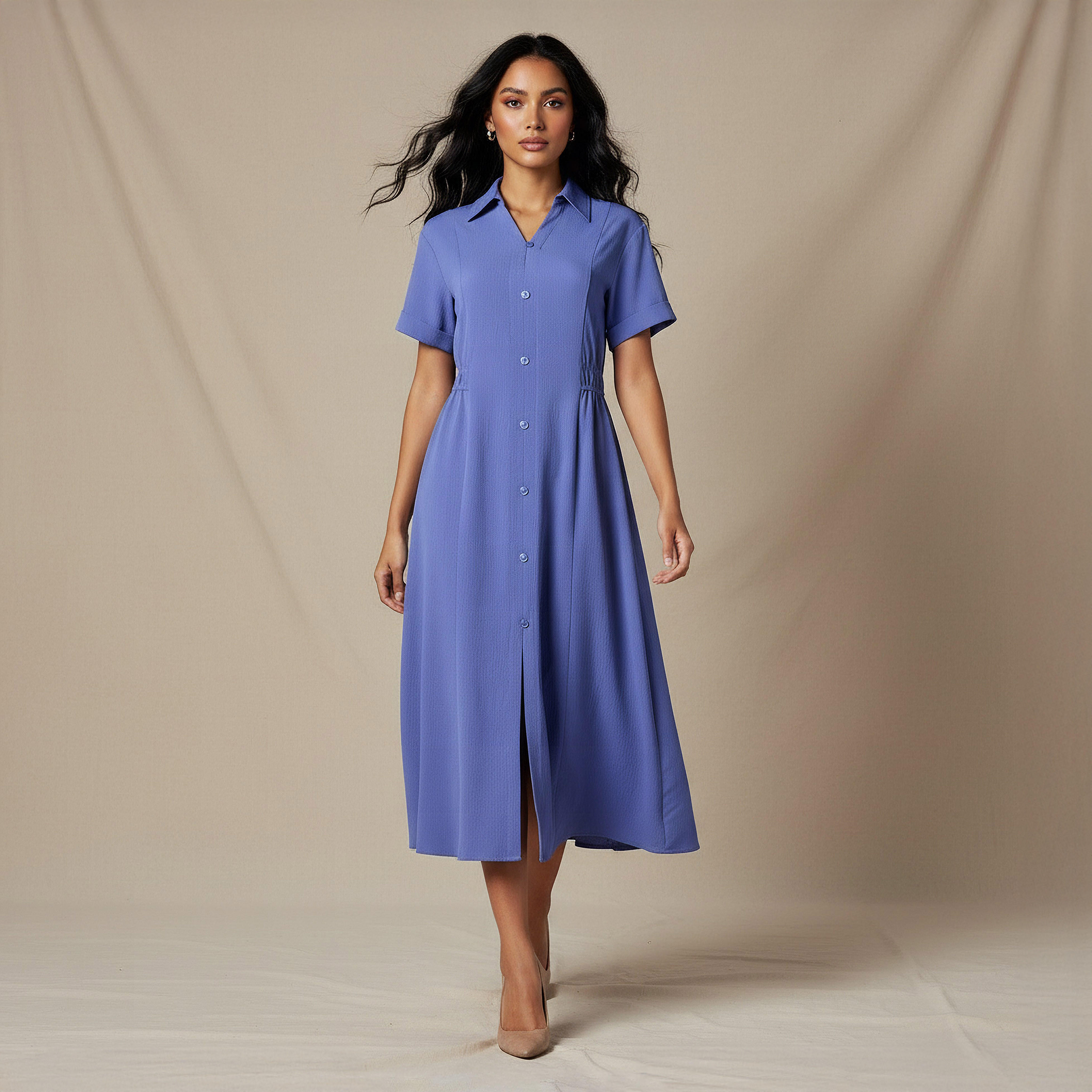 Shirt Style Midi Dress with Front Slit-women-clothing-dresses-image-1
