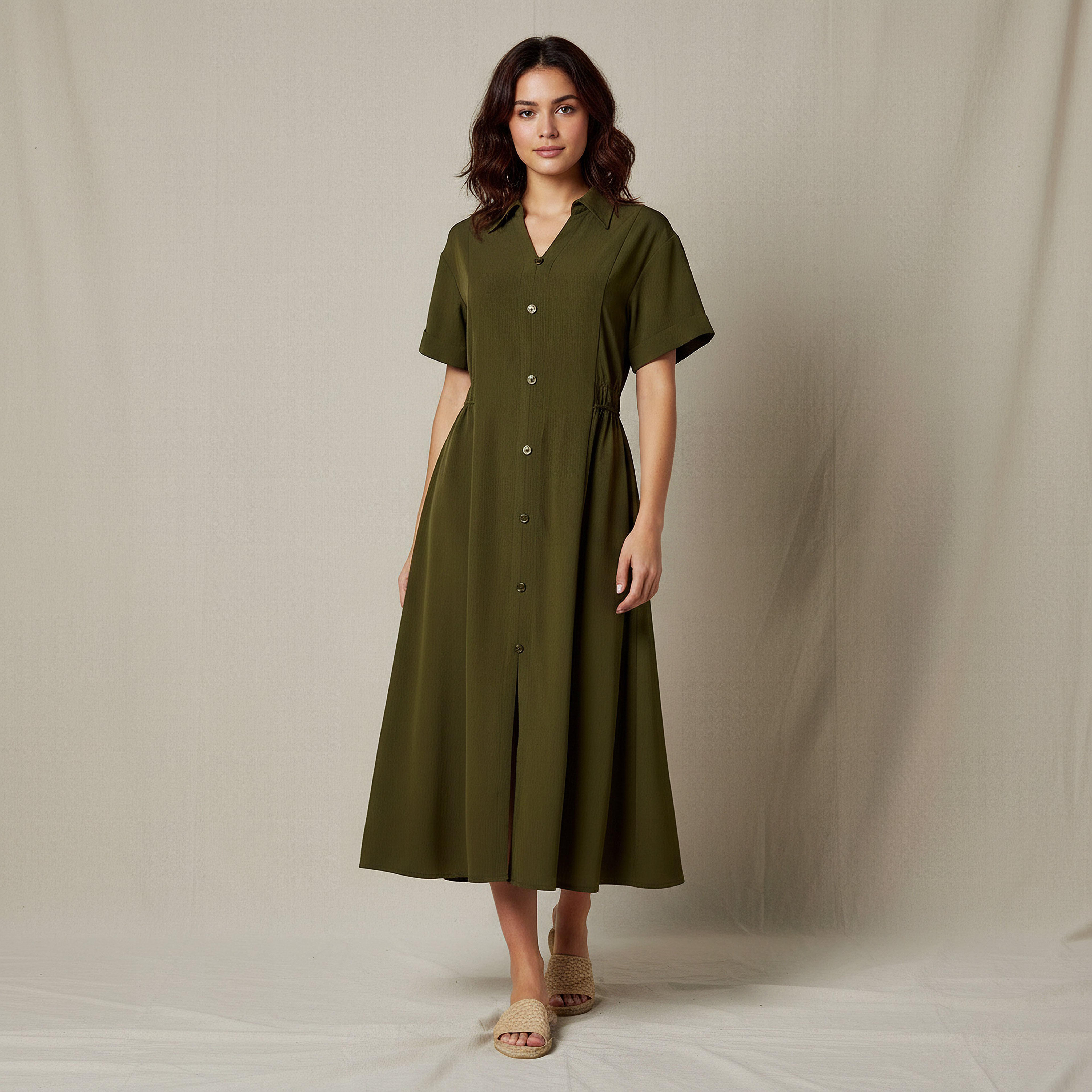 Shirt Style Midi Dress with Front Slit-women-clothing-dresses-image-1