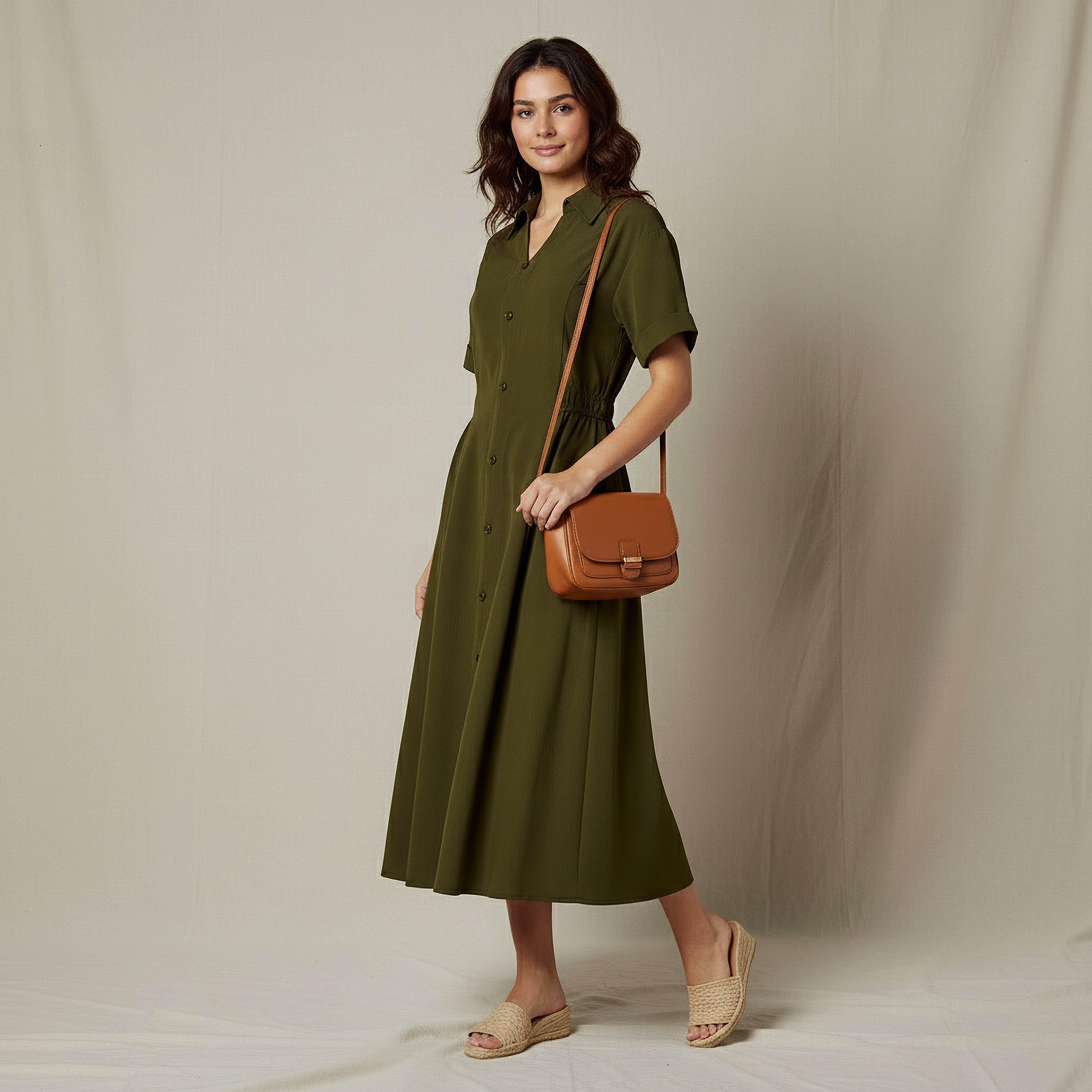 Shirt Style Midi Dress with Front Slit-women-clothing-dresses-image-2