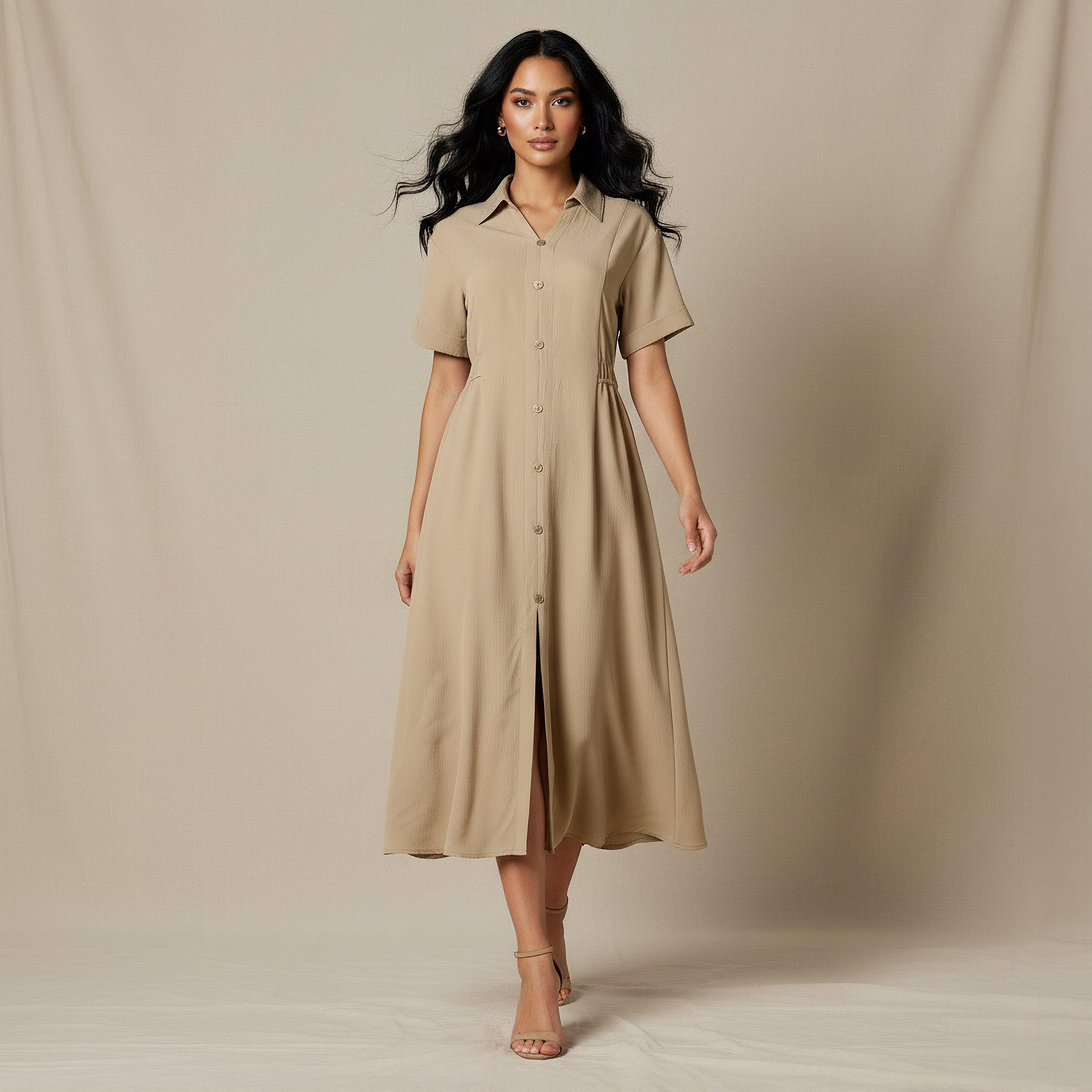 Shirt Style Midi Dress with Front Slit-women-clothing-dresses-image-5