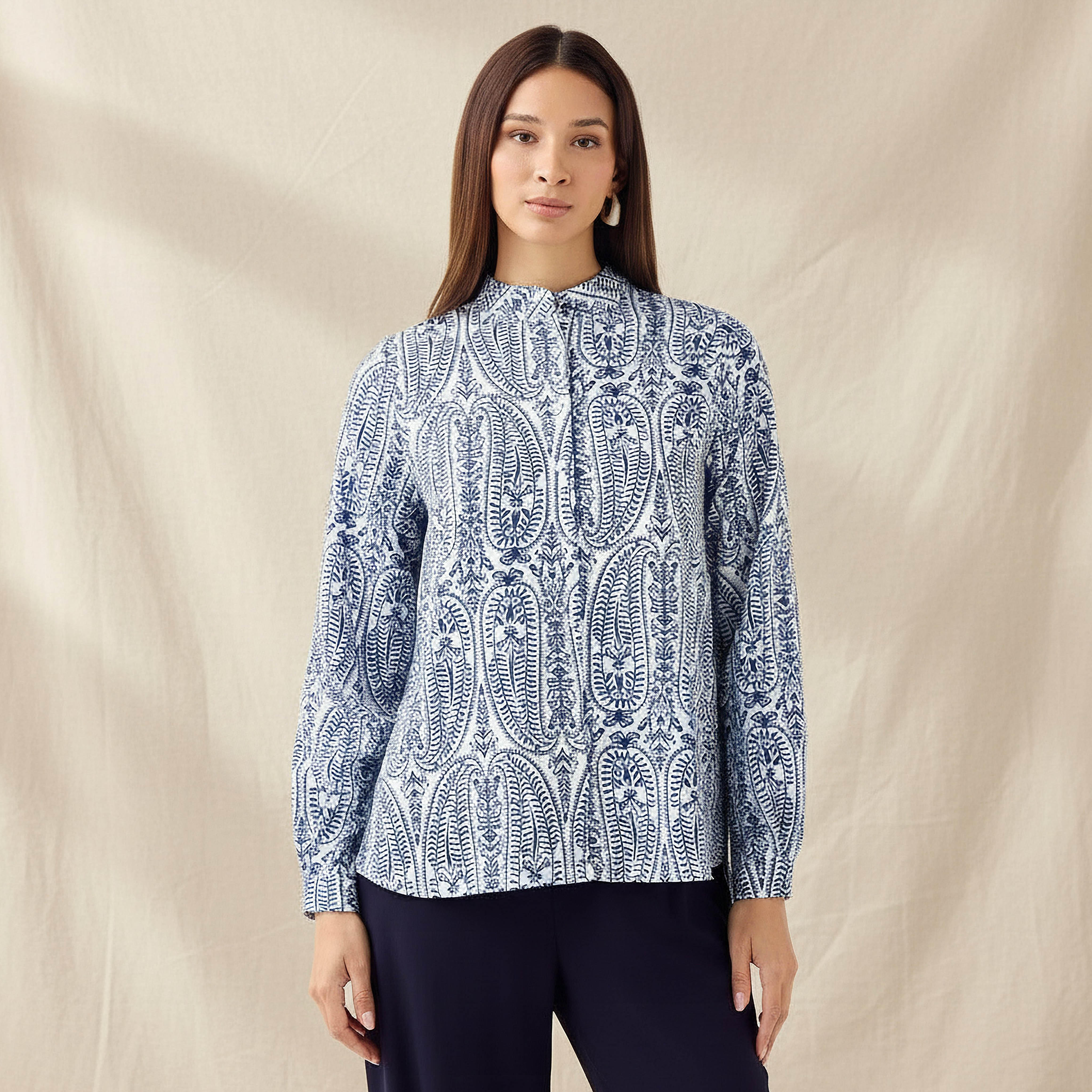 Regular Fit Printed Shirt with Mandarin Collar-women-clothing-shirtsandblouses-shirts-image-1