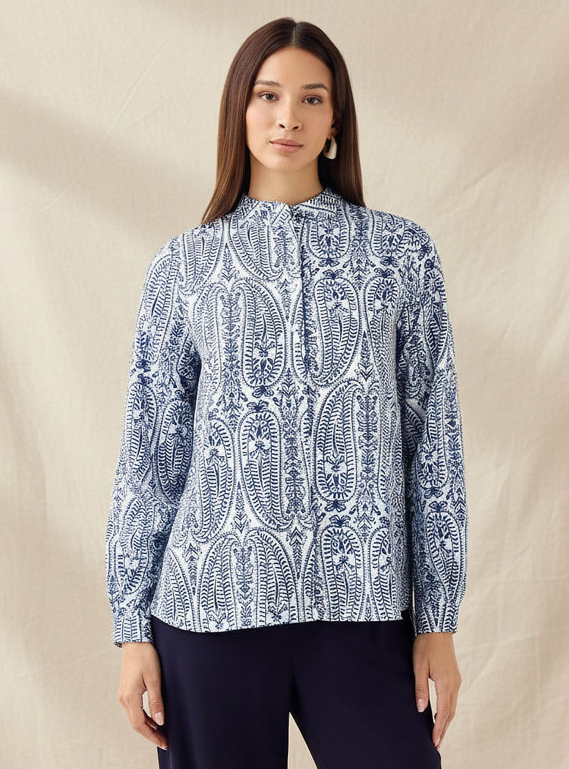 Regular Fit Printed Shirt with Mandarin Collar-women-clothing-shirtsandblouses-shirts-image-1