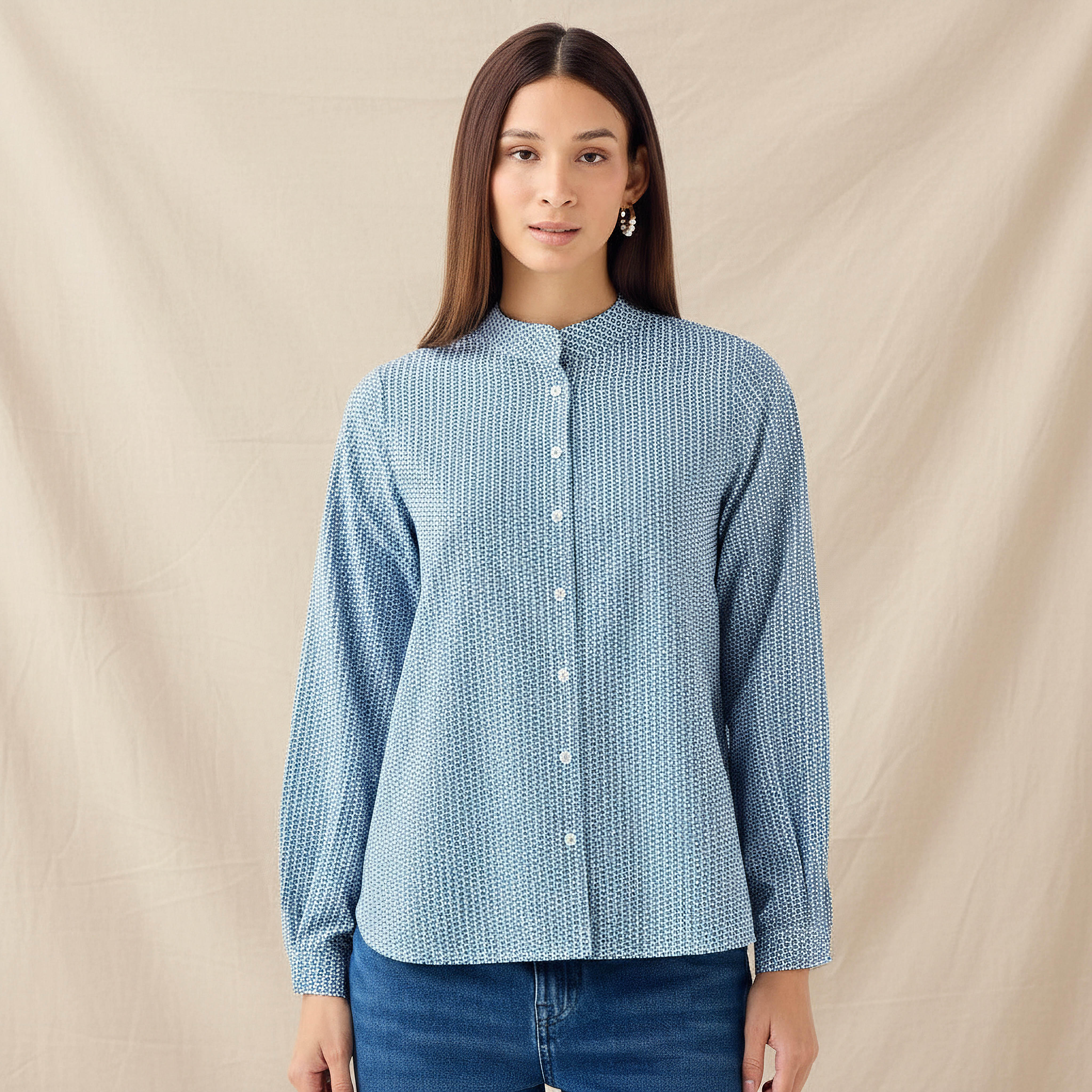 قميص بقصة عادية وياقة ماندارين وطبعات-women-clothing-shirtsandblouses-shirts-image-1