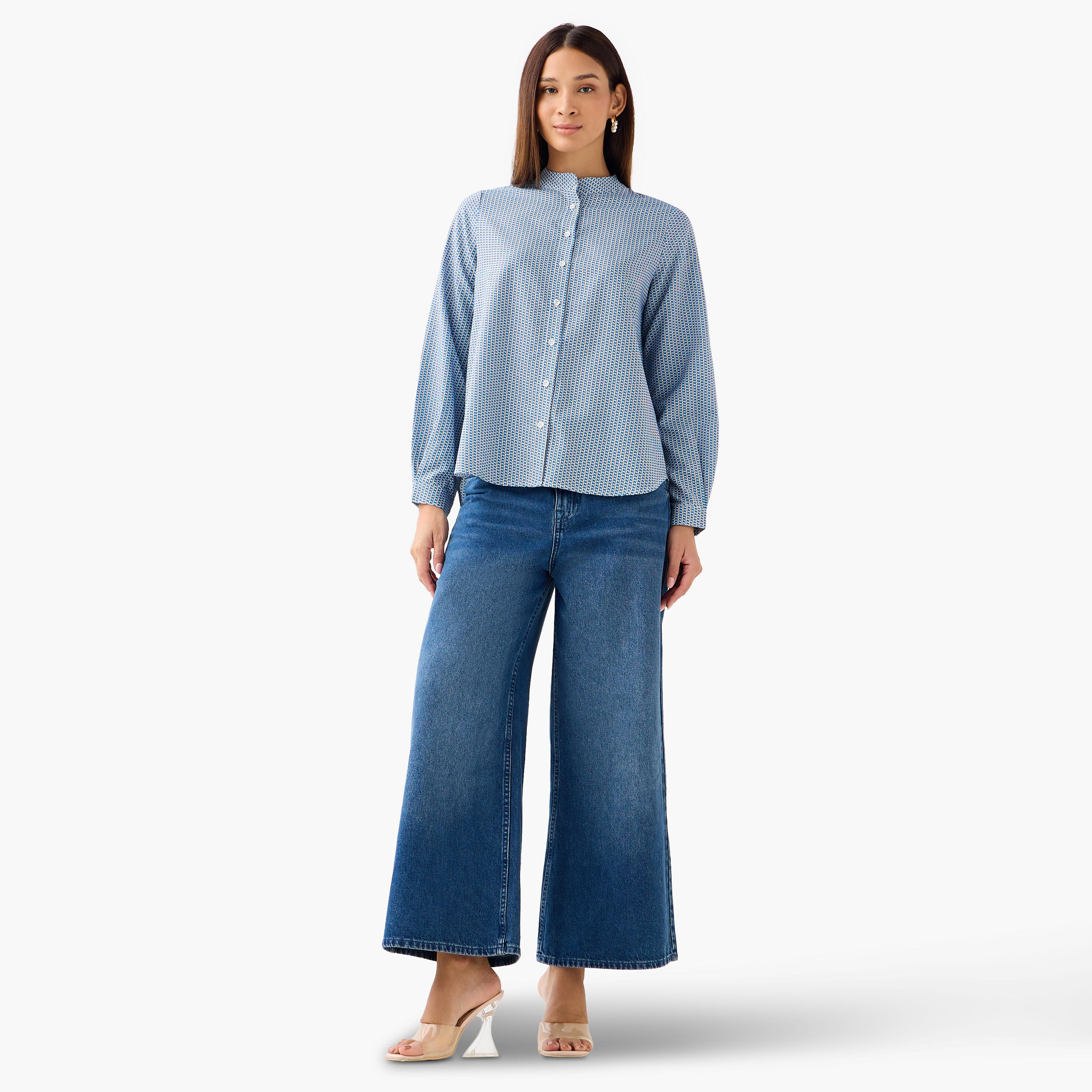Regular Fit Printed Shirt with Mandarin Collar-women-clothing-shirtsandblouses-shirts-image-3