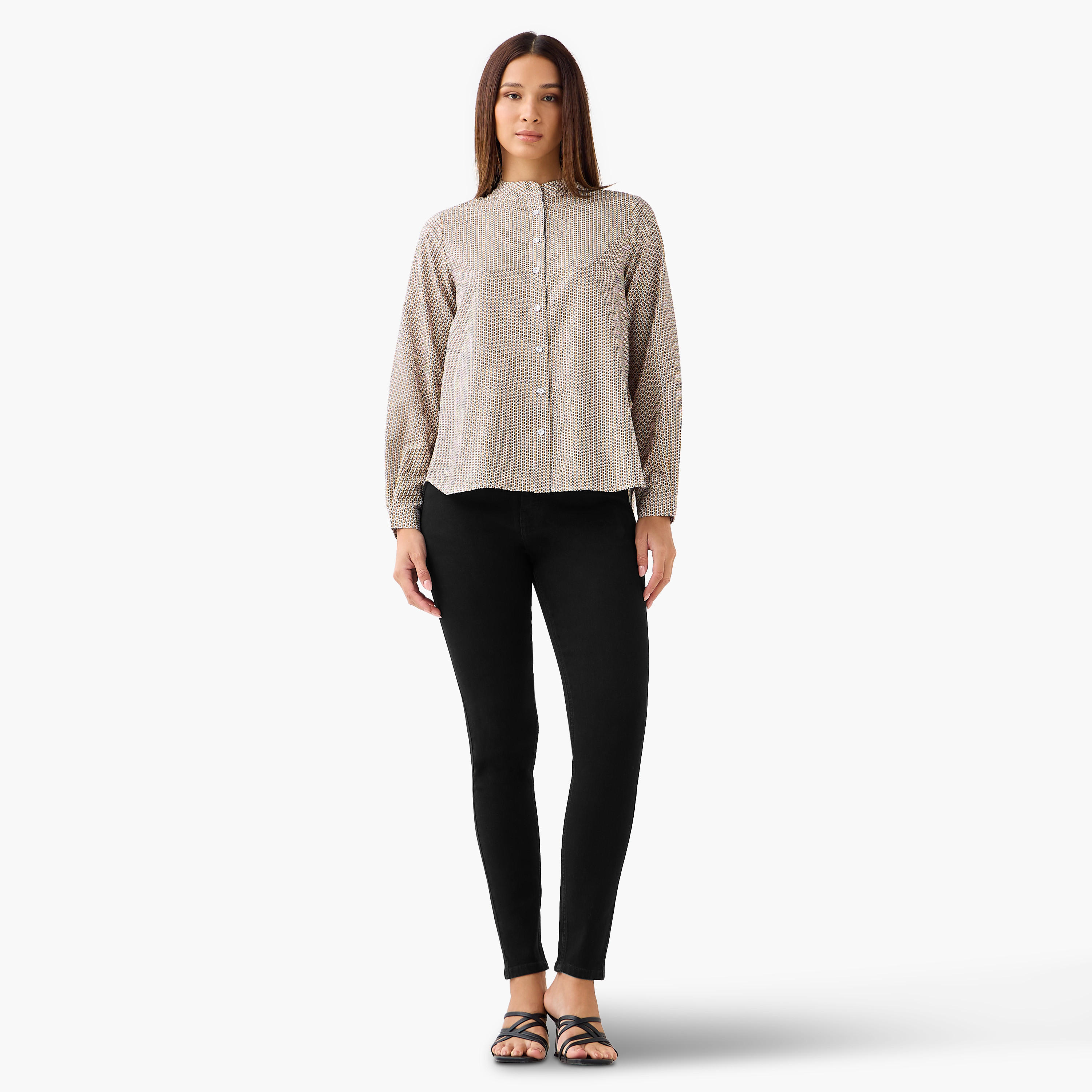Regular Fit Printed Shirt with Mandarin Collar-women-clothing-shirtsandblouses-shirts-image-3
